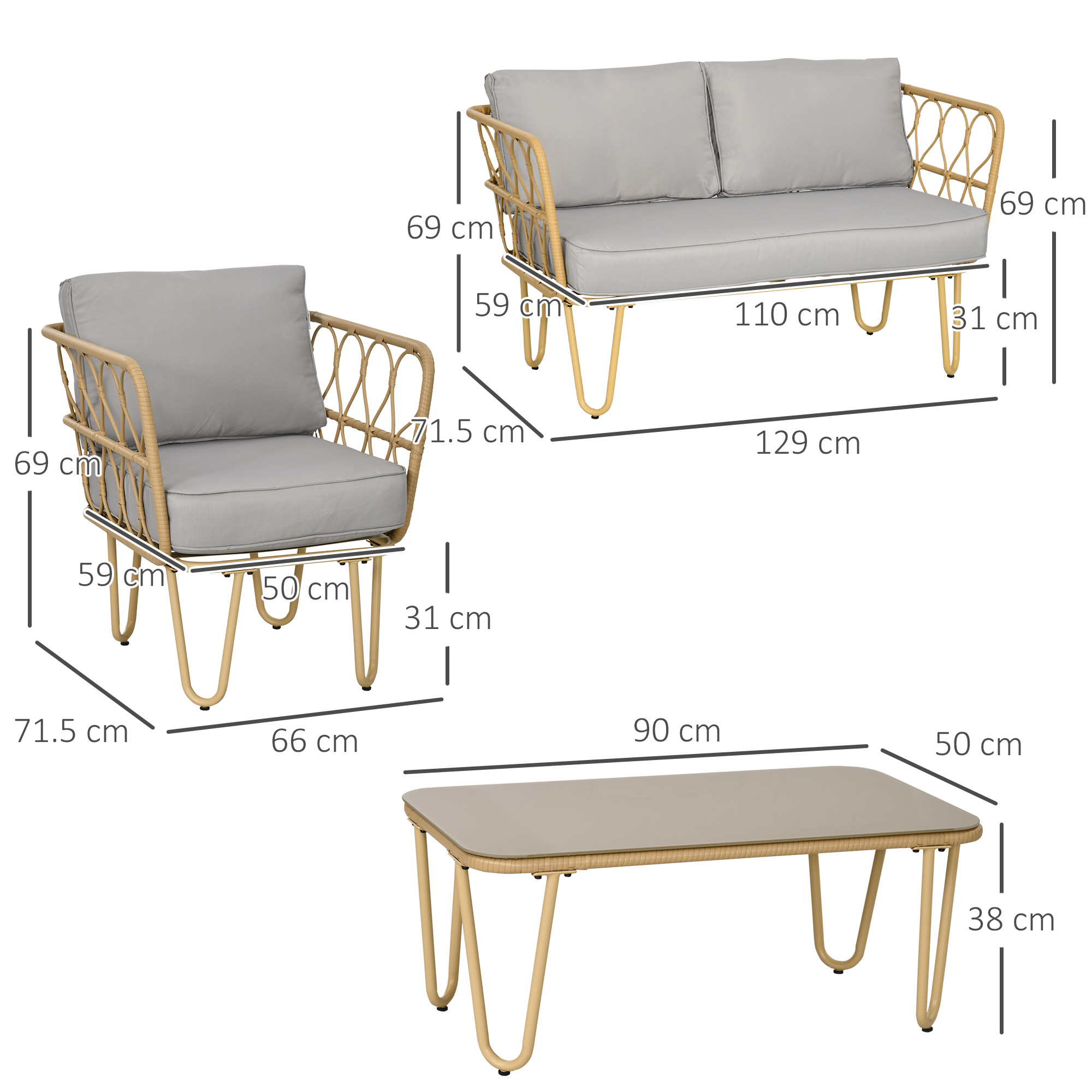  Set canapea din ratan PE din 4 piese, Seturi de mobilier de conversatie pentru gradina impletite, cu impletitura rotunda, cu perne groase capitonate si masuta cu sticla pentru balcon [2]