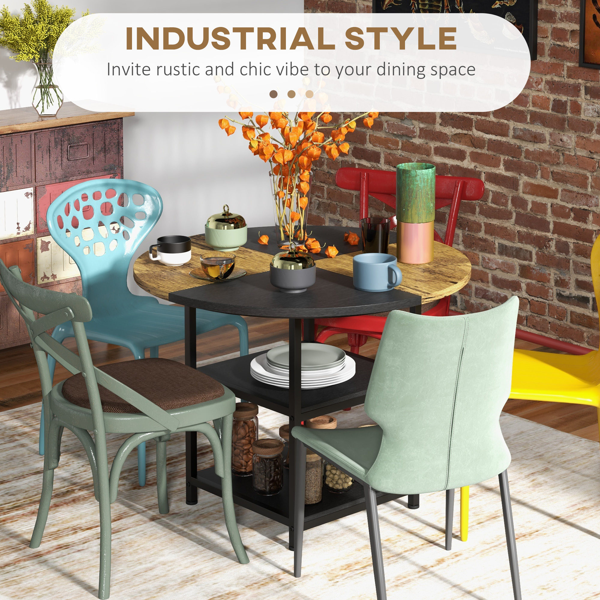  Masa Rotunda de Luat Masa pentru Persoane Masa Industriala pentru Bucatarie cu Rafturi de Depozitare pentru Sufragerie Negru [3]