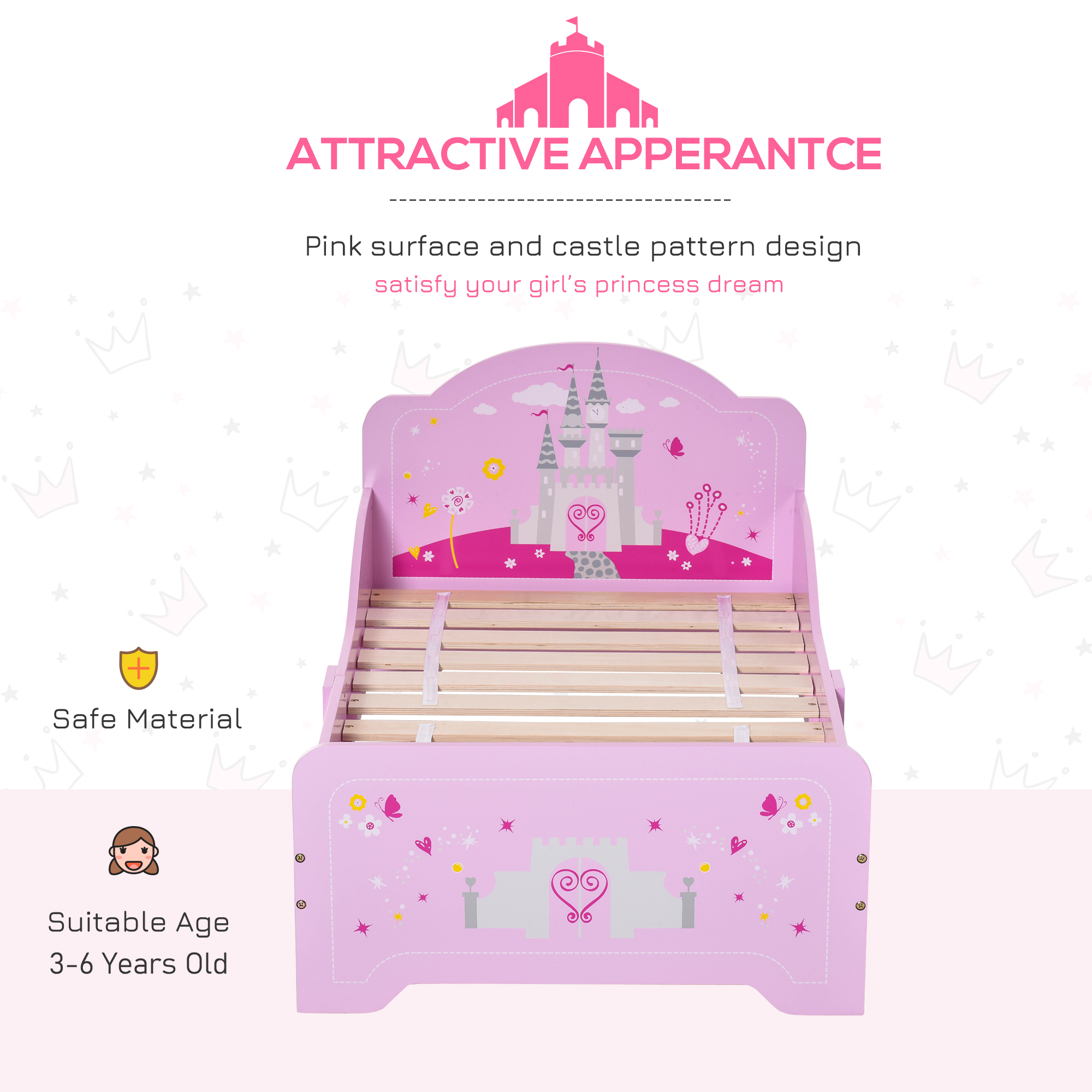  Pat Copii Roz - 143×73×60 cm, Lemn, pentru Varste 3-6 Ani [3]