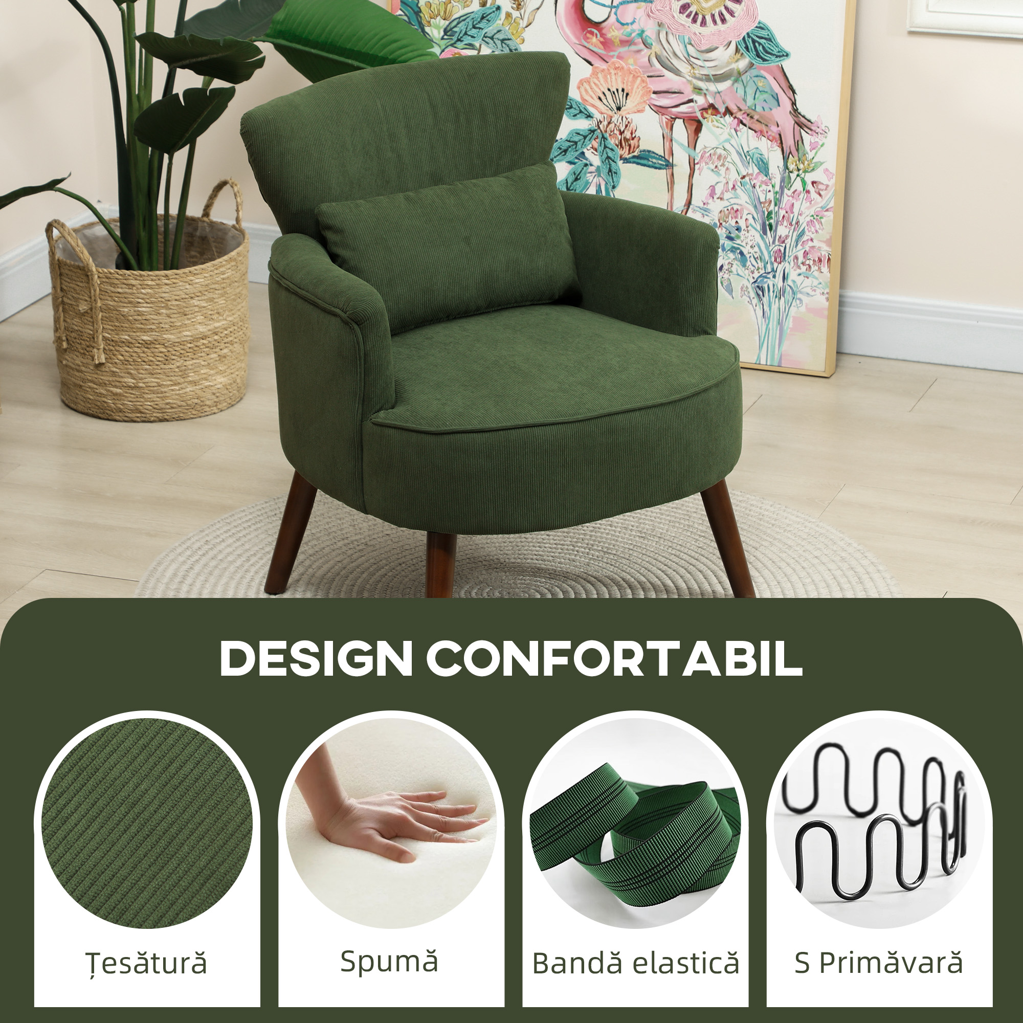  Fotoliu Capitonat cu Perna si sezut Gros, Fotoliu din Catifea cu Spatar si Picioare din Lemn, 69x69,5x78 cm, Verde [3]