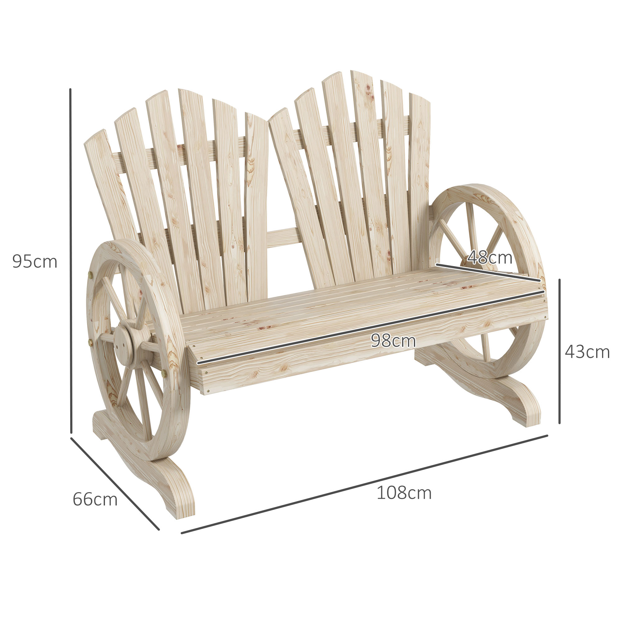  Banca de Gradina cu 2 Locuri, Cotiere in Forma de Roata, Banca de Exterior din Lemn de Brad, pentru Terasa, Patio si Curte, 108x66x95 cm, Culoare Lemn [2]