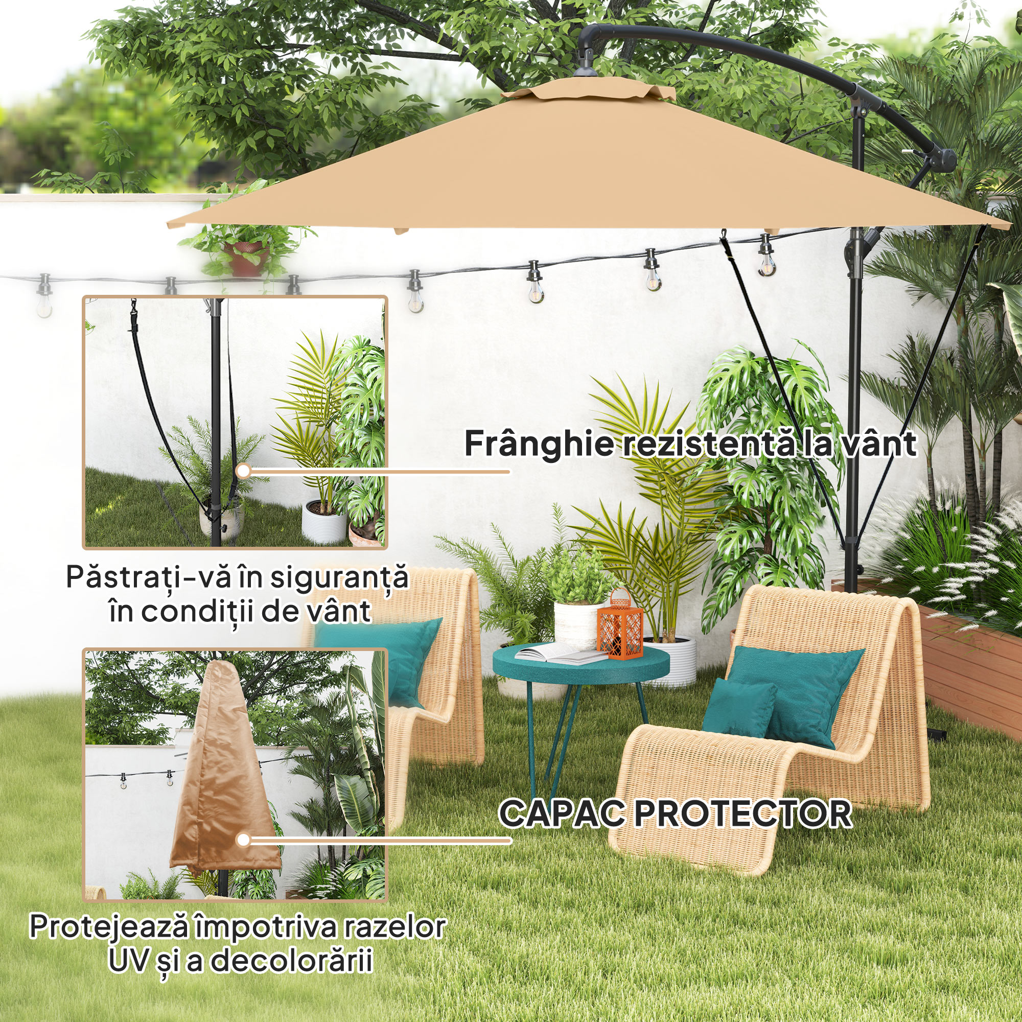  Umbrela de Soare cu Corzi Anti-Vant, Orificii de Aerisire, Baza in Cruce si Manivela, Φ290x243 cm, Gri [3]