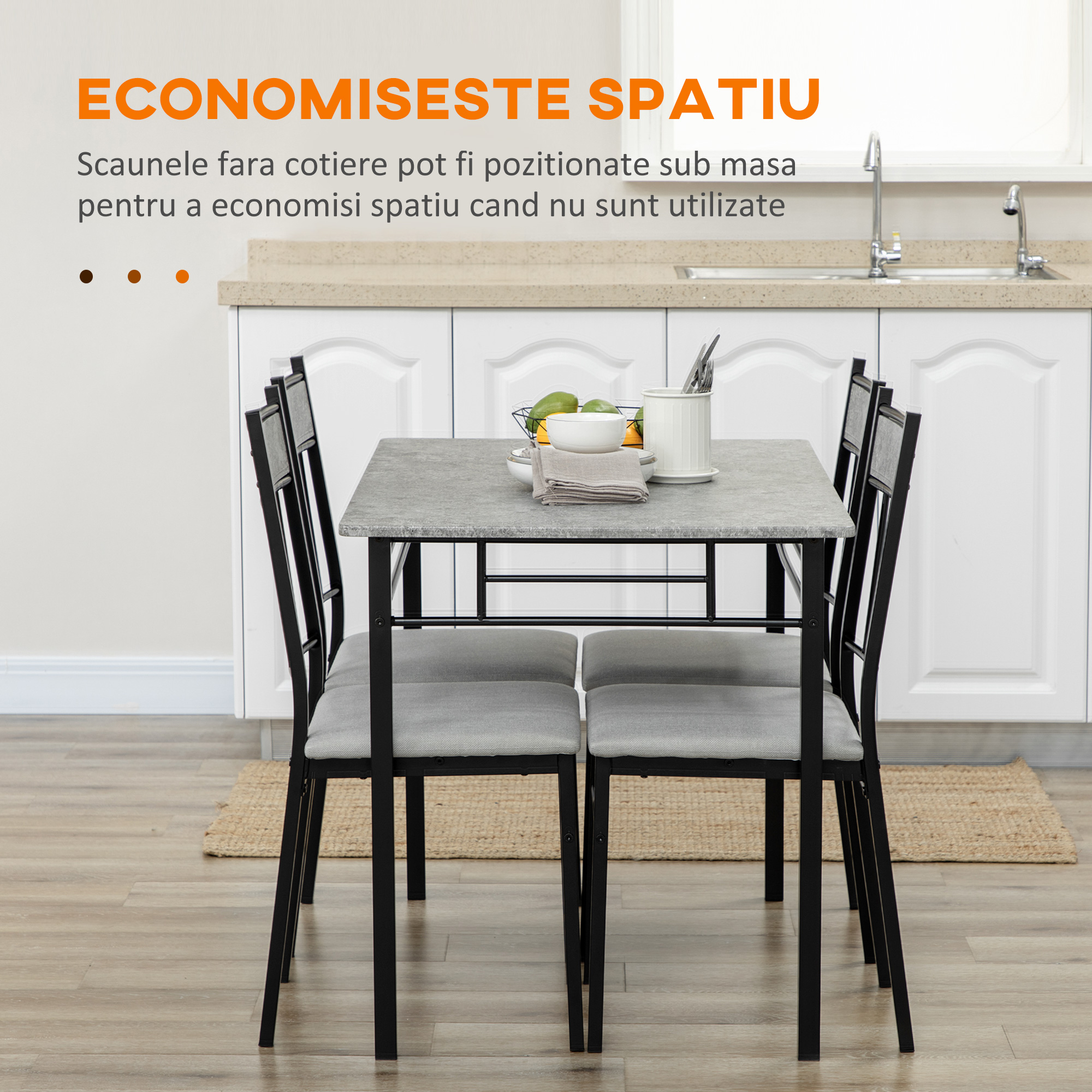  Set masa si scaune 5 buc, masa dreptunghiulara din metal si MDF si 4 scaune de sufragerie cu scaun tapitat cu spuma si poliester [5]