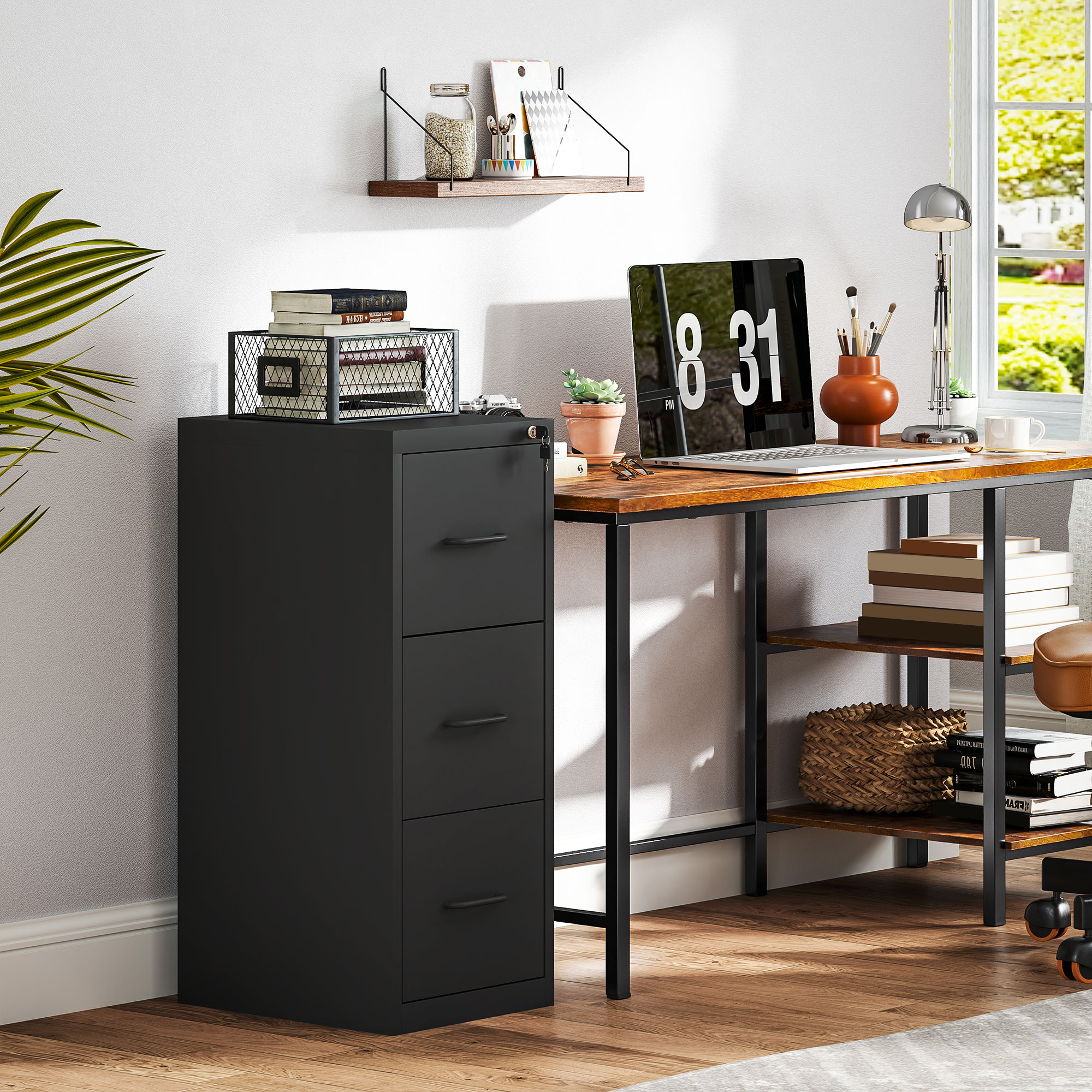  Fiset Minimal pentru Documente cu 3 Sertare si Bara Reglabila, din Otel, 36.5x46.2x99 cm, Negru [6]