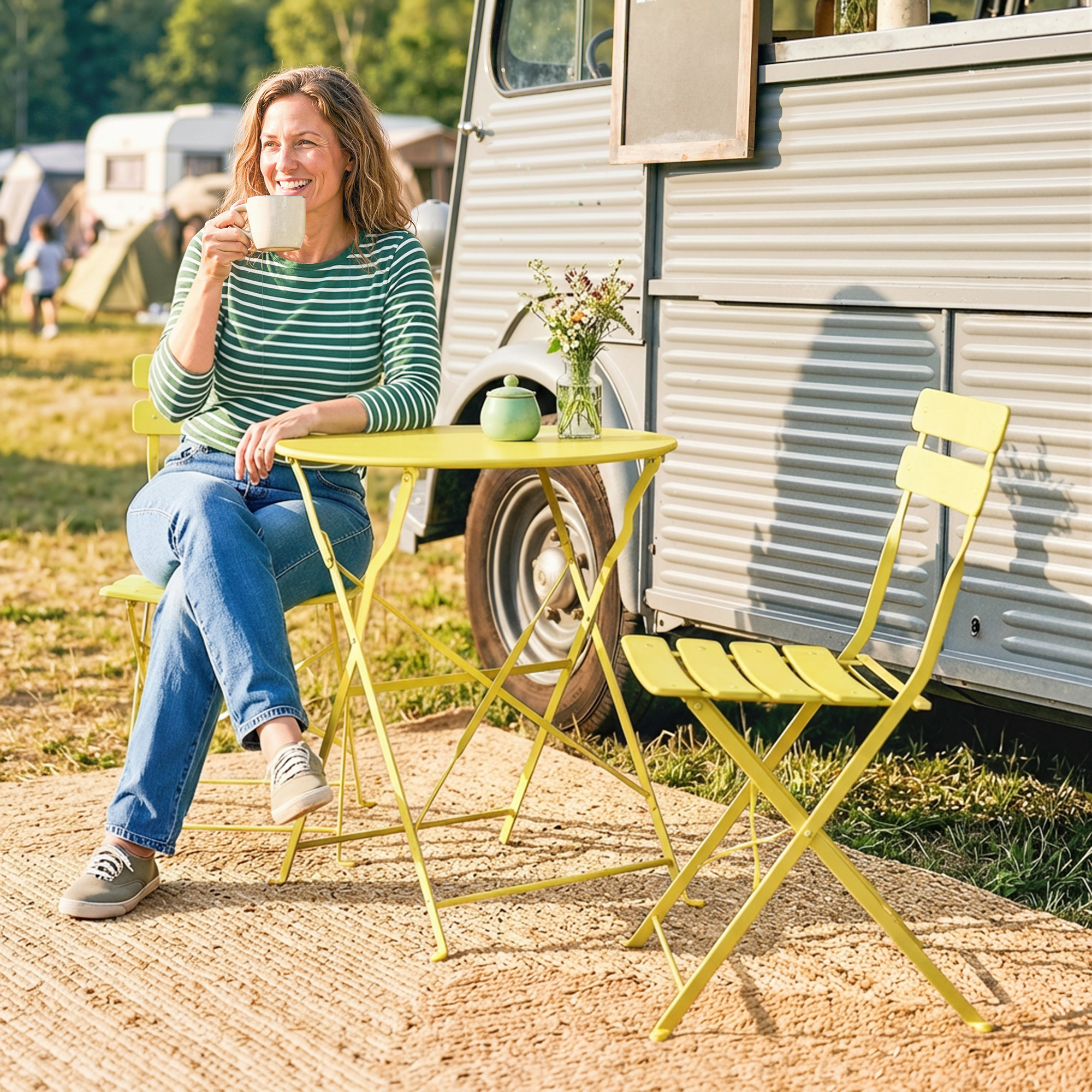  Set Bistro, Masa si Scaune Pliabile pentru 2, Gradina, Galben. [8]