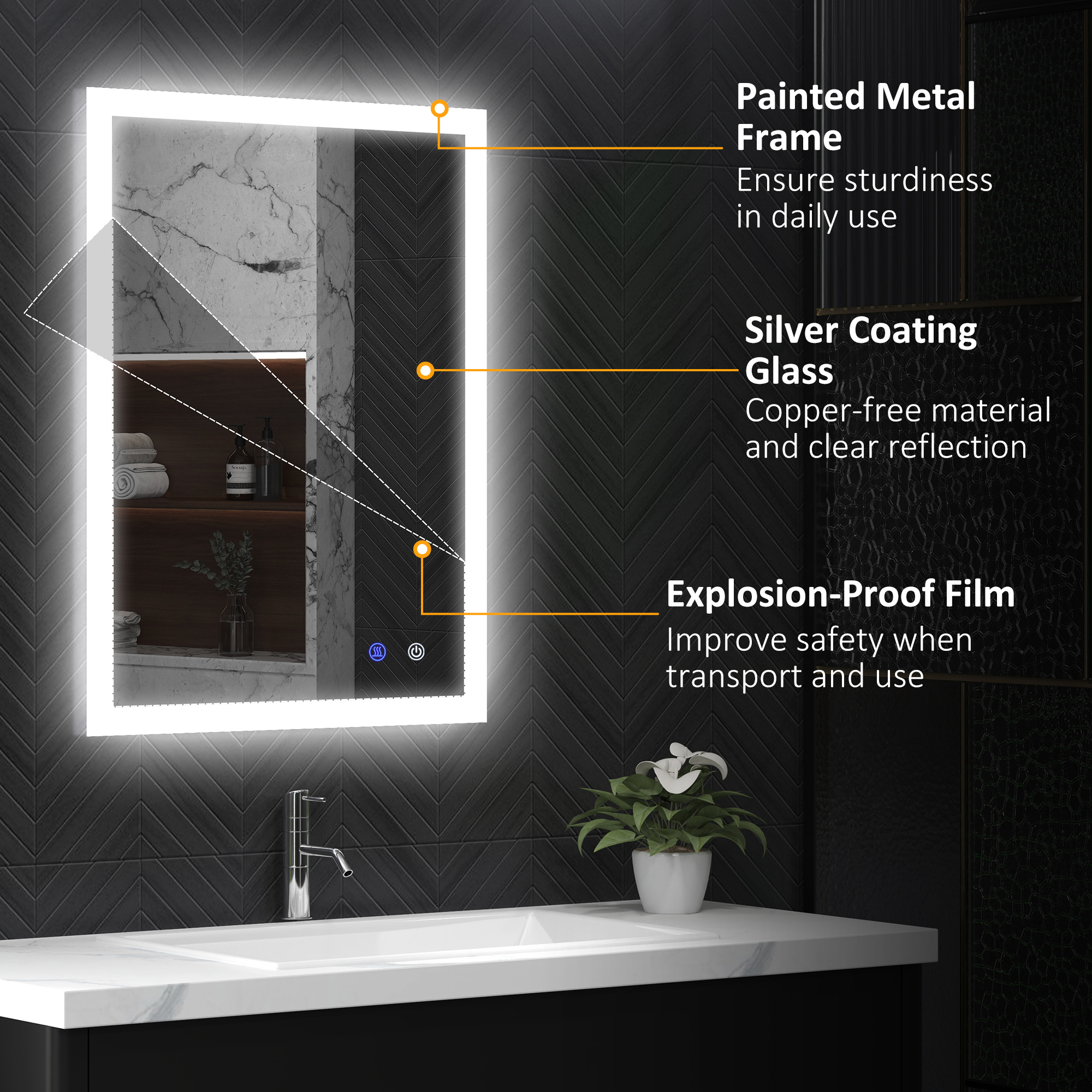  Oglinda de Baie Iluminata 800 x 600 mm cu Iluminare din Spate cu Lumini LED, Oglinda de Baie de Perete cu 3 Lumini, Intrerupator Tactil Reglabil, Folie de Dezaburire, Orizontala/Verticala [6]