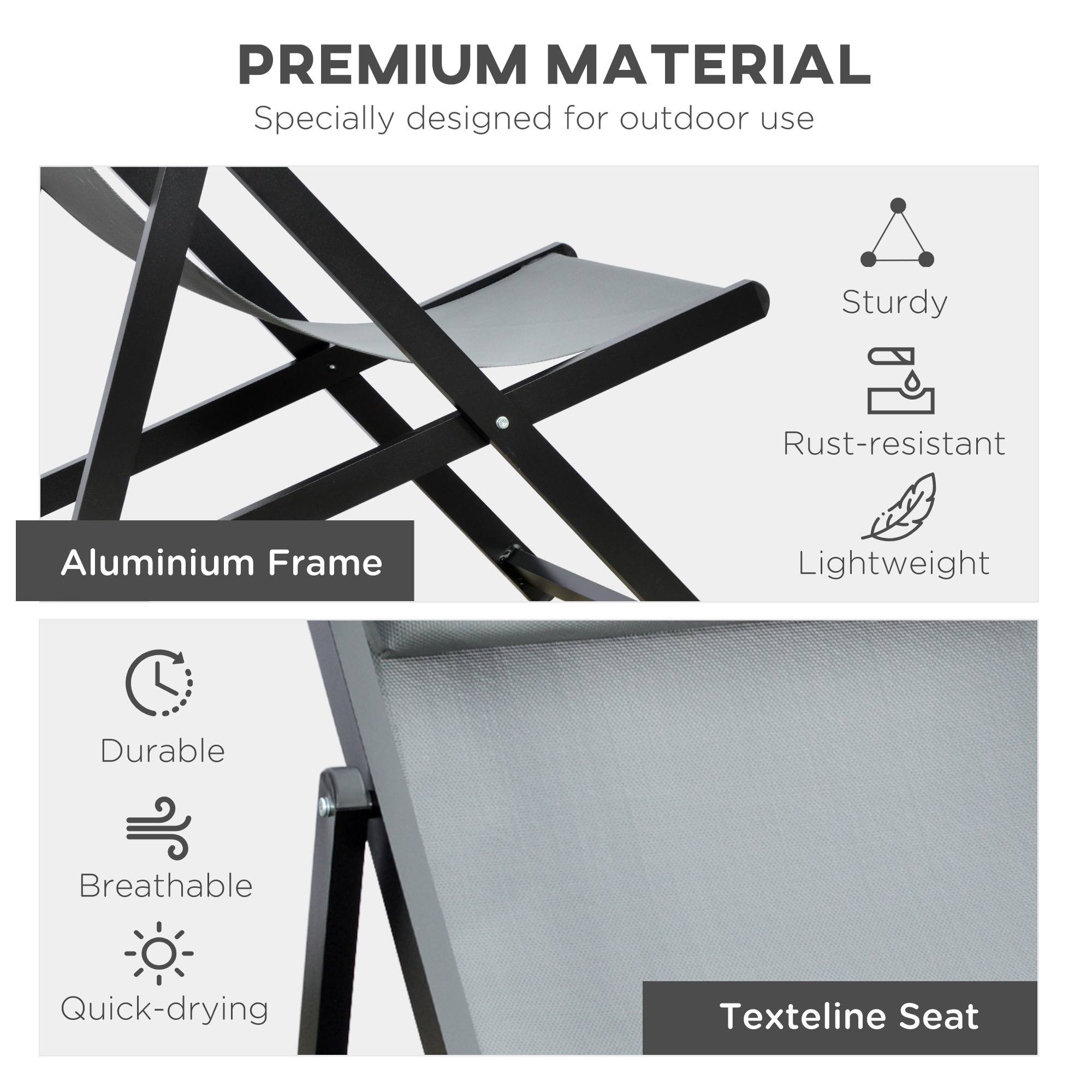  Set 2 Scaune Fotoliu Sezlong pentru Exterior, Pliabile si Rabatabile, din Aluminiu, Gri, 96.5 x 58 x 91.5cm [5]