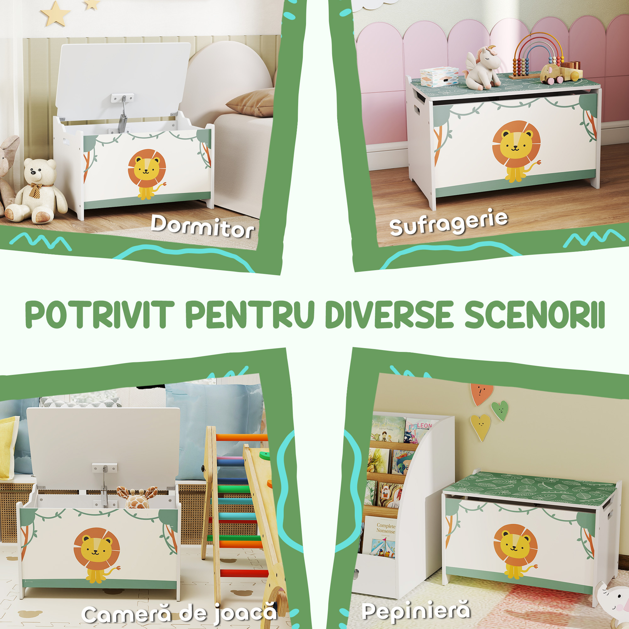  Cufar Portagiochi cu Capac pentru Copii 60x37x39 cm, Verde [5]