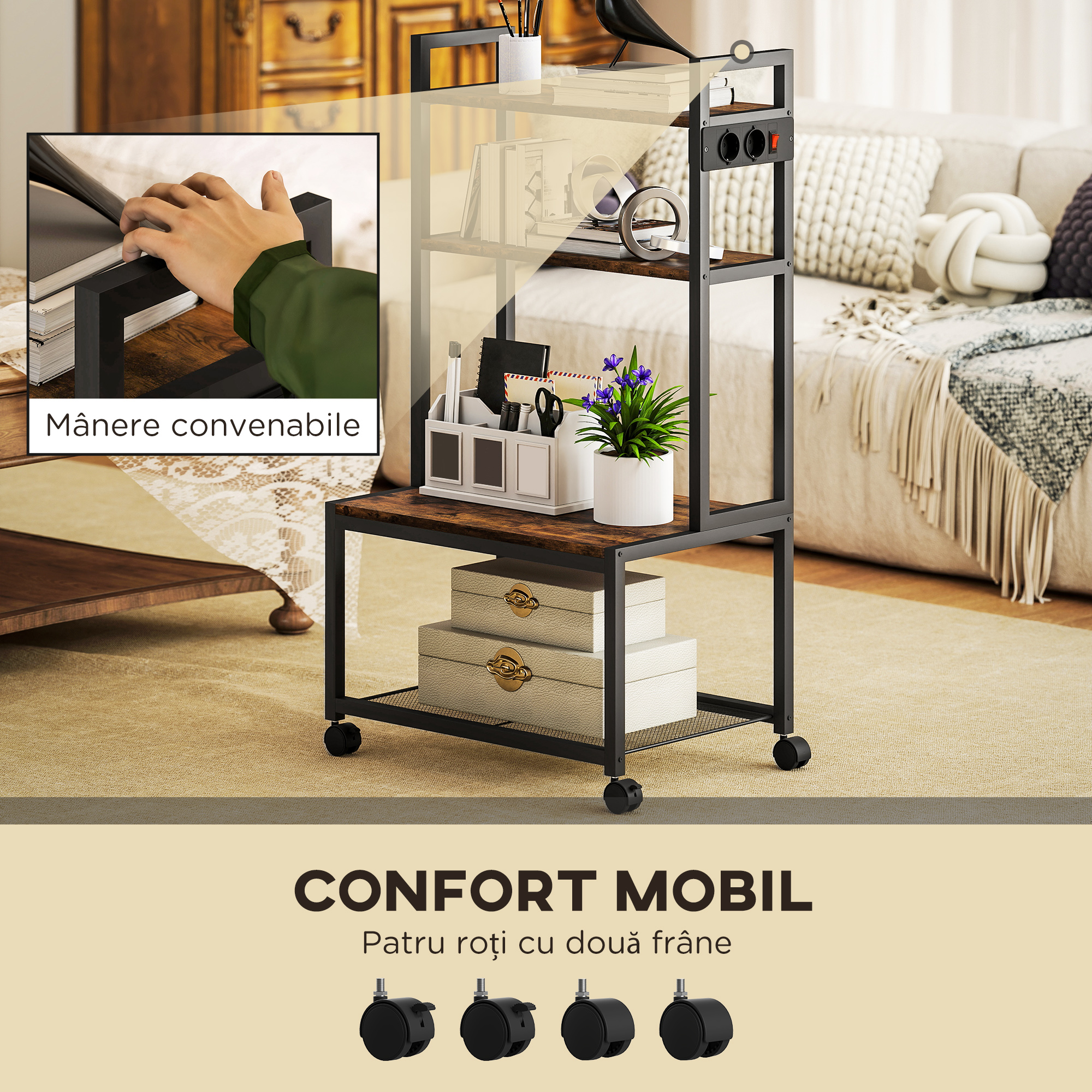  Raft Mobil pentru Imprimanta cu 4 Niveluri, Prize de Curent, Roti si Cadru din Metal, 55x37.5x100 cm, Maro [5]