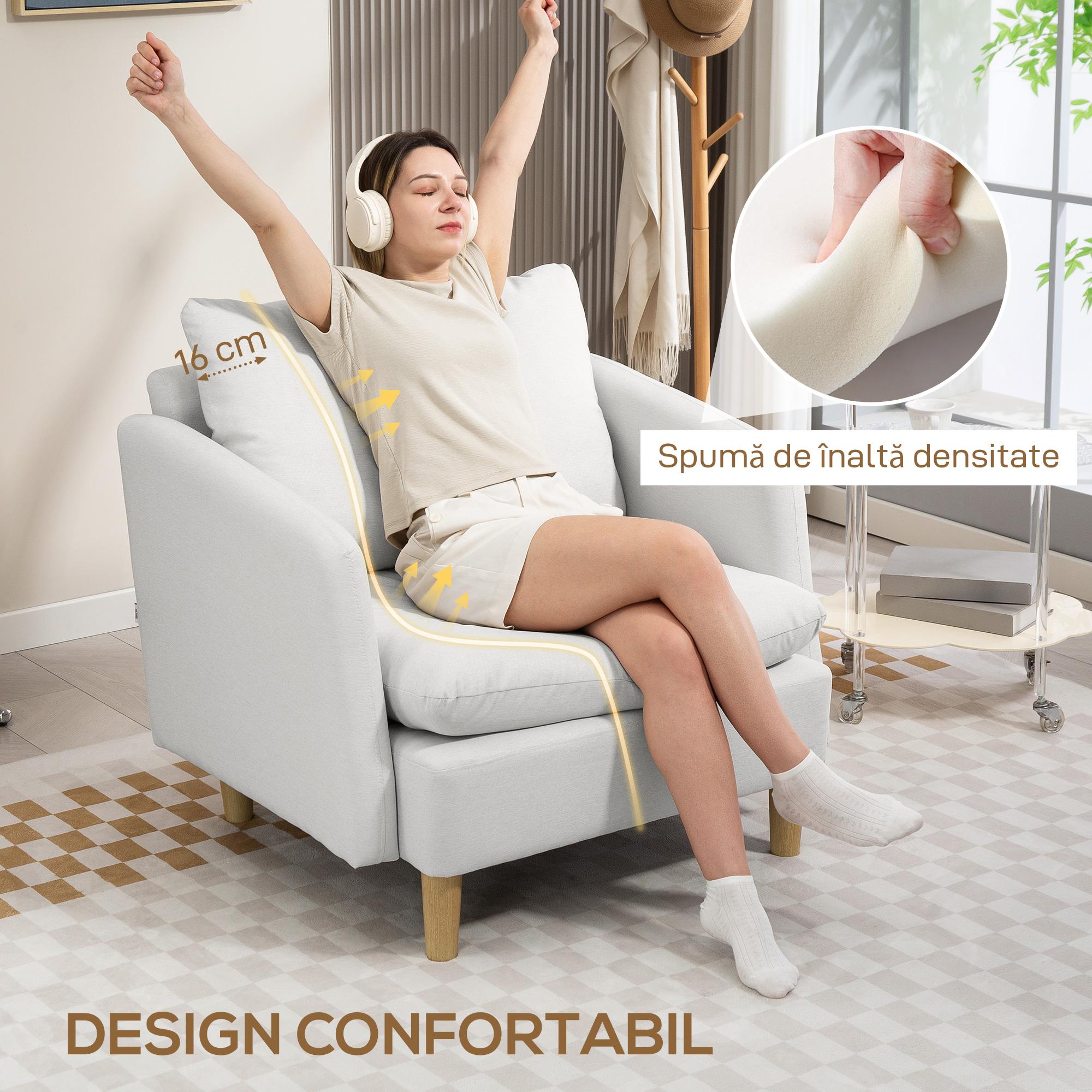  Fotoliu Modern pentru Living din tesatura cu sezut Larg si Gros, Crem [4]