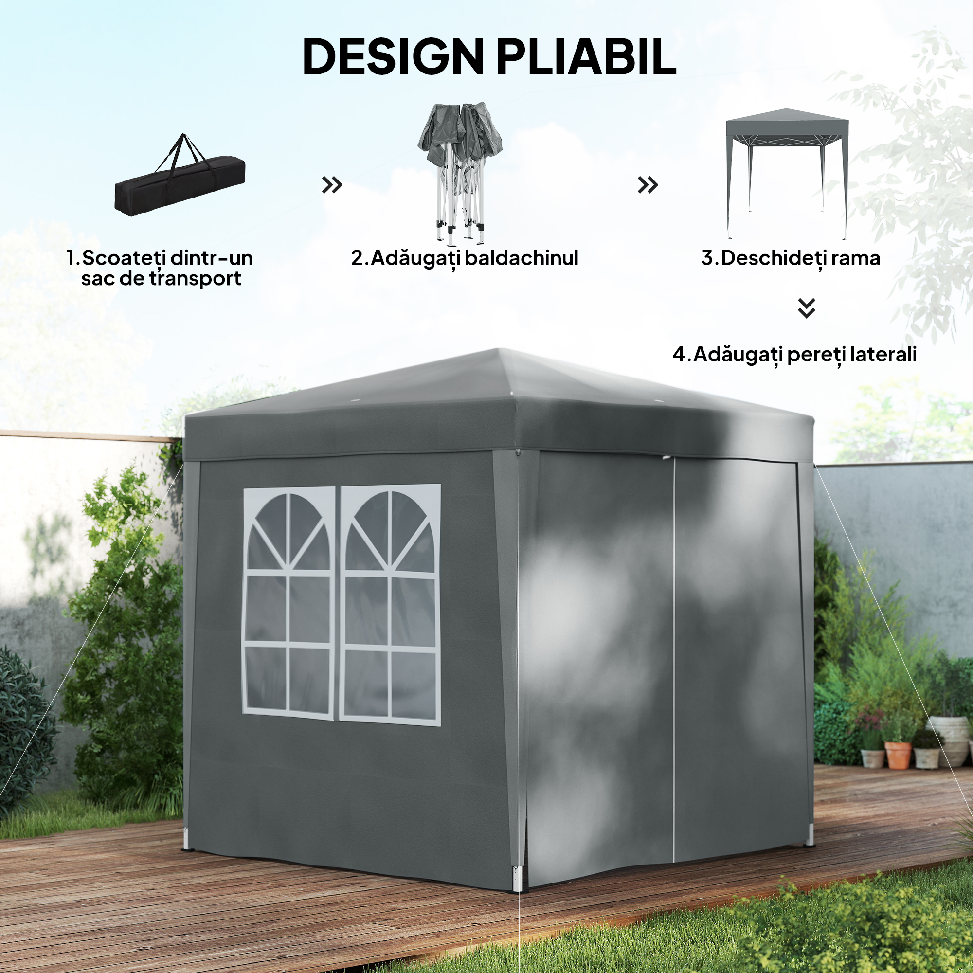  Foisor Pliabil 2x2 m Pop-Up cu 2 Usi, 2 Ferestre, 4 Pereti Detasabili, Foisor de Exterior cu Geanta de Transport din Otel si tesatura Oxford, pentru Gradina, Petreceri, Camping, Gri [3]