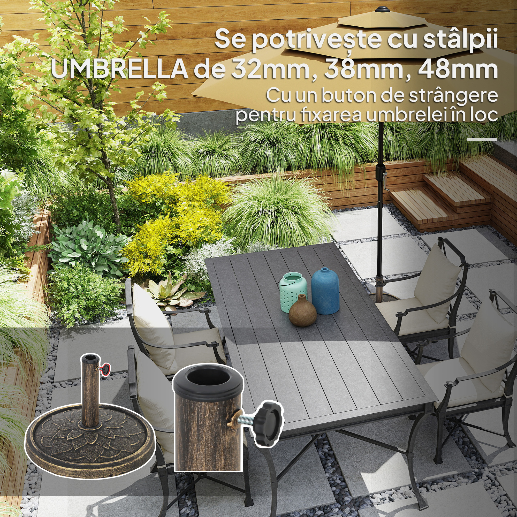  Baza pentru umbrela de 12 kg cu manivela integrata, din rasina, metal si ciment, Ø46x34 cm, bronz [3]