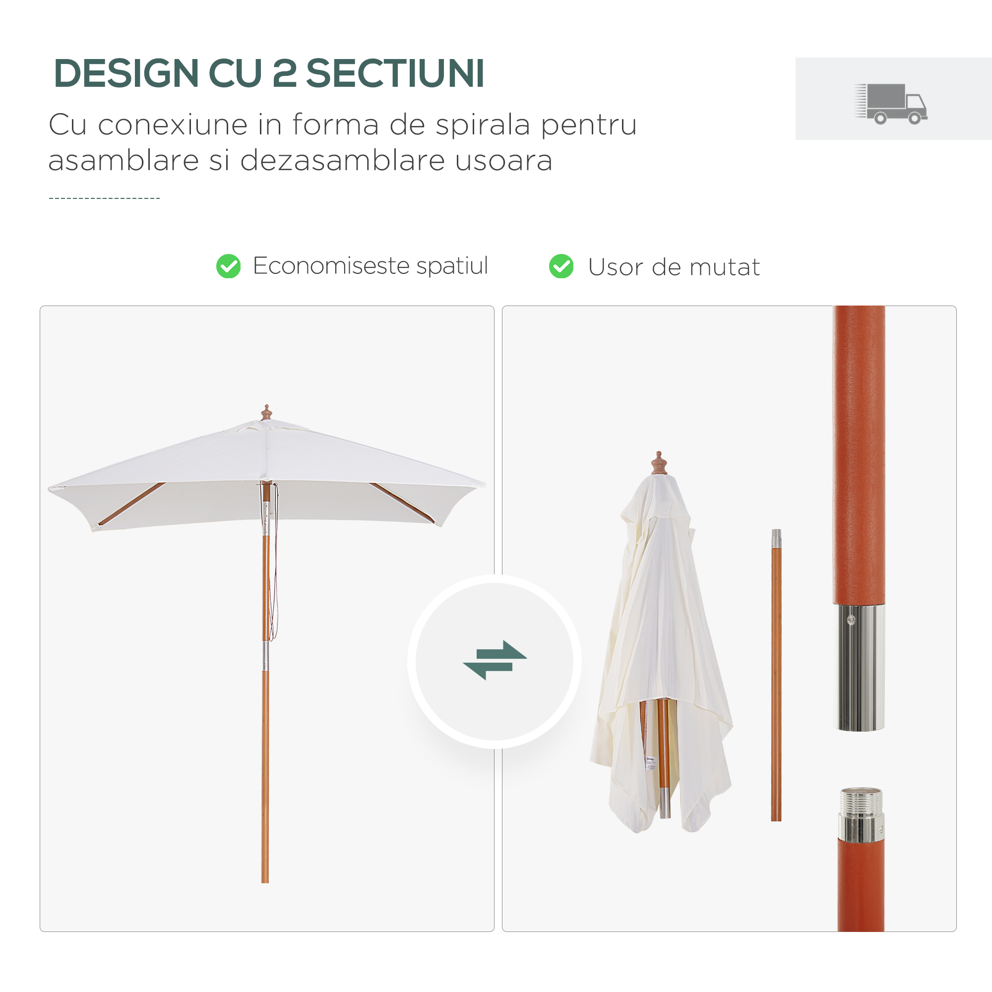  Umbrela de Gradina care se Inclina 2x1.5m, 6 Lamele si Catarg din Lemn [6]