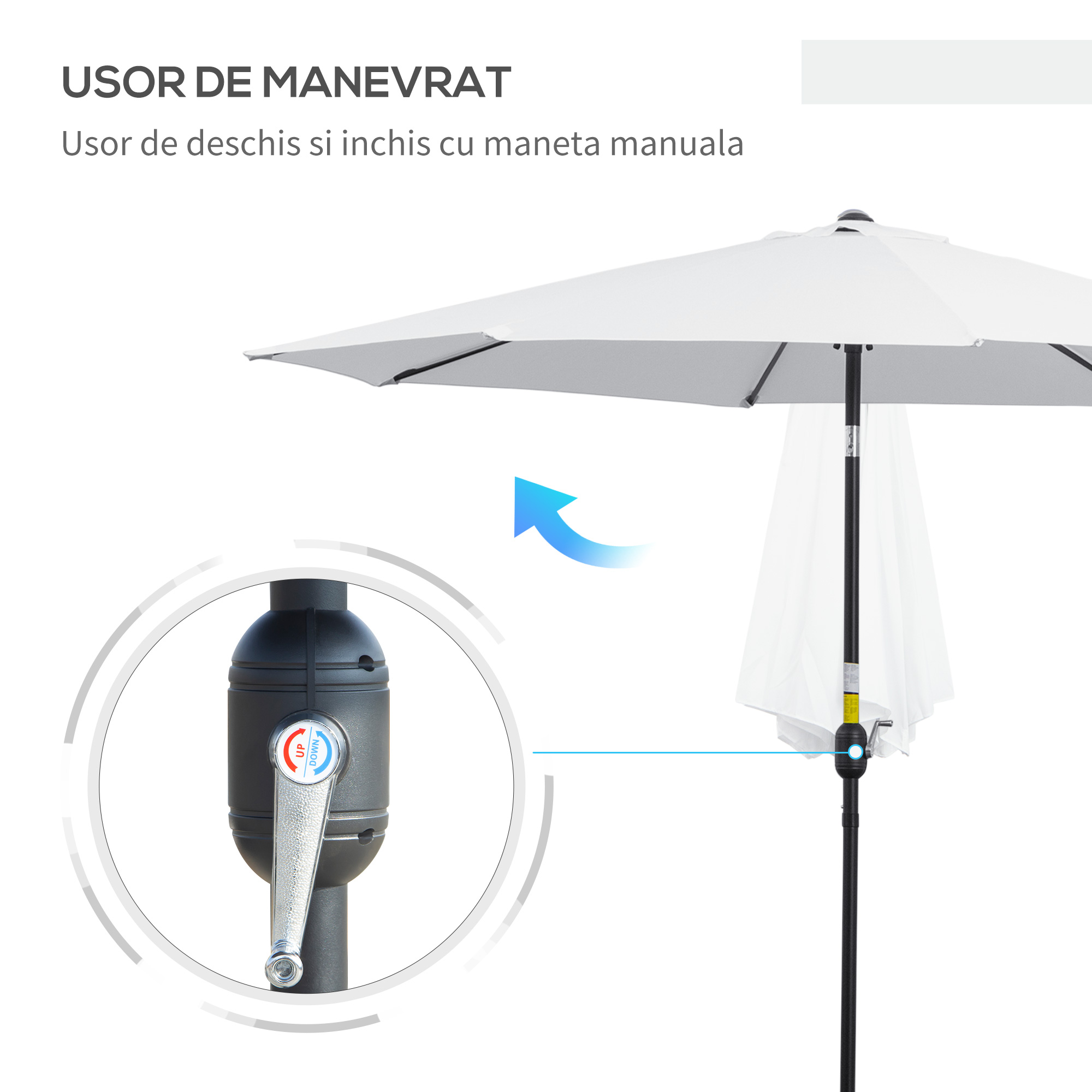  Umbrela de Gradina Φ300cm cu Manivela Reglabila din Metal si Poliester, Alb [4]