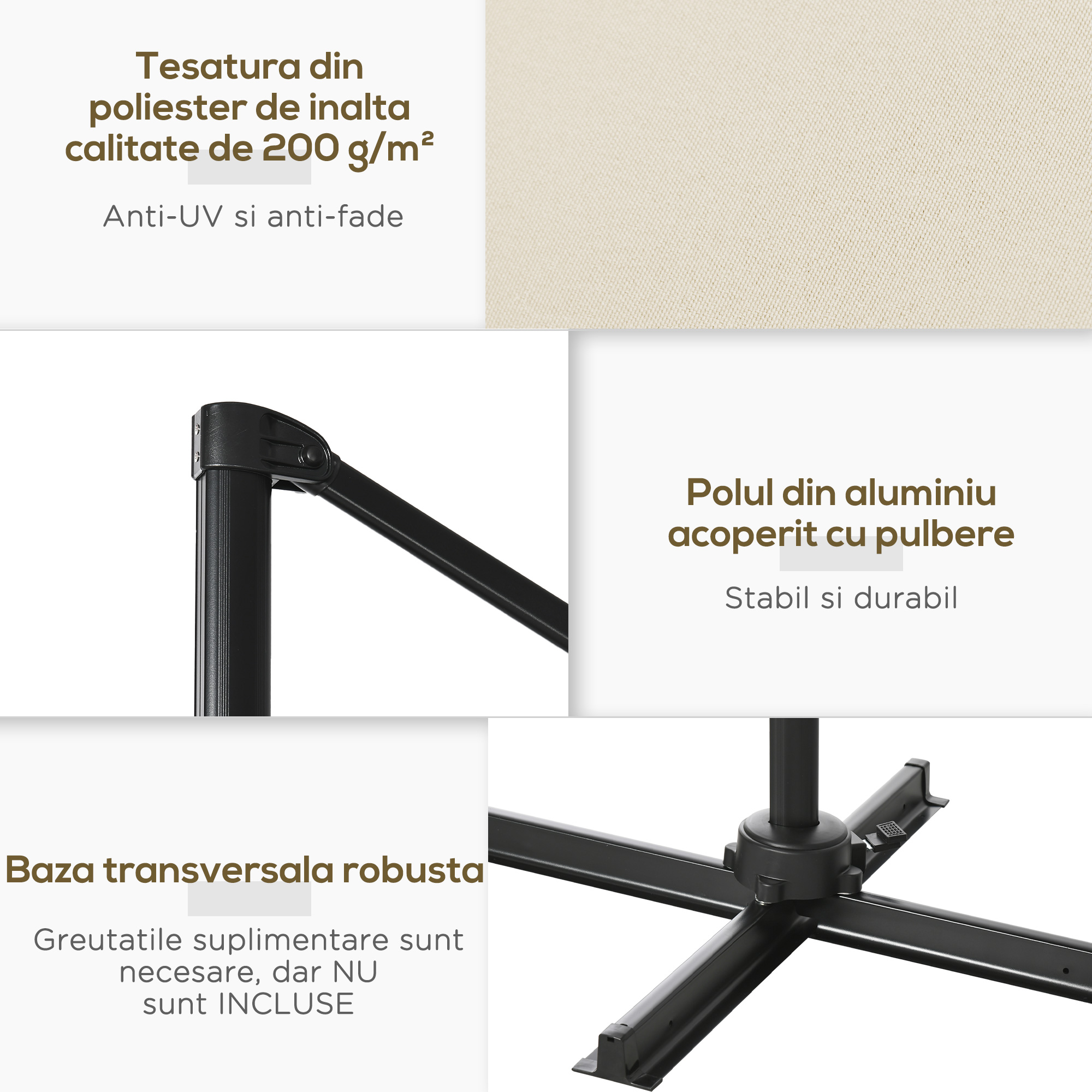  Umbrela de Gradina cu Manivela cu Rotatie 360°, Parasolar Reglabil, 245x245x245 cm, Crem [6]