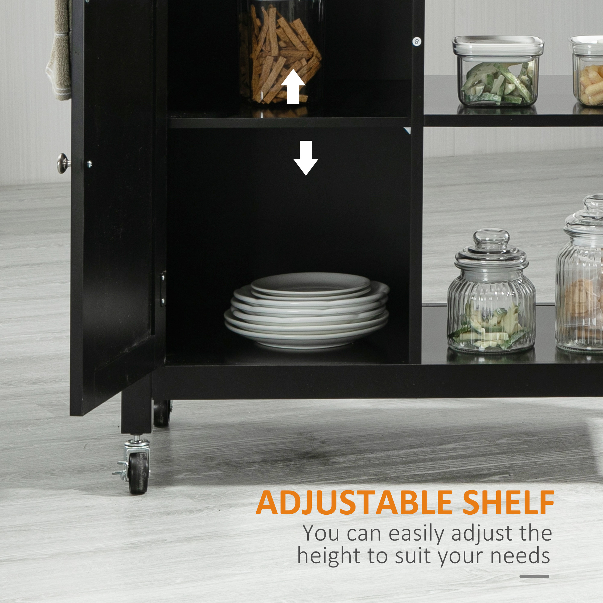  Carucior de Bucatarie din Lemn cu Sertar, Dulapior si Etajere cu Roti, 83x45x88cm, Negru [6]