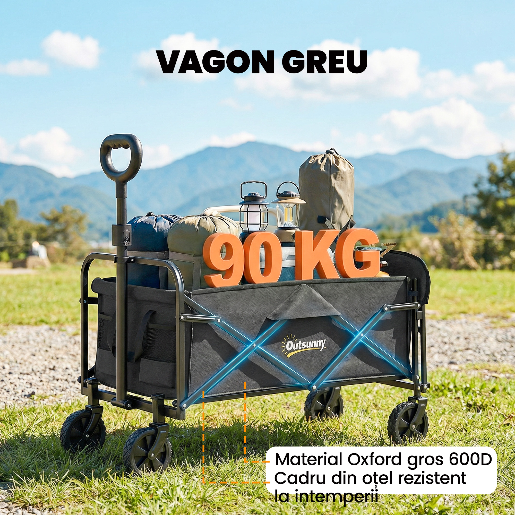  Carucior de Gradina 72L Pliabil cu Maner Reglabil, din Otel si Material Oxford, 114x46x92 cm, Negru [8]