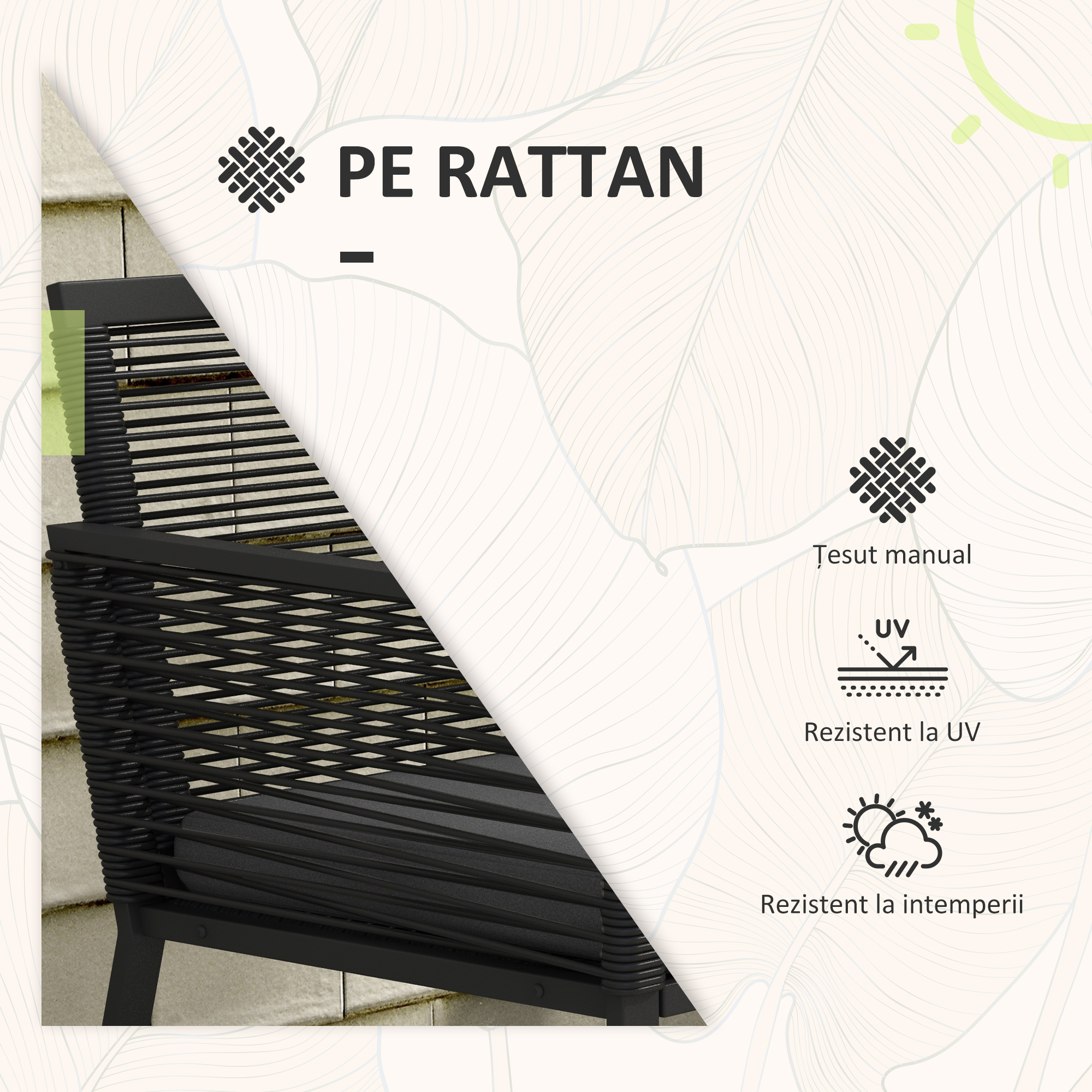  Set de Mobilier de Gradina din 3 Piese din Ratan, Set cu Masa din Sticla Securizata si Perne Moi, 53x57x77 cm, Negru [5]