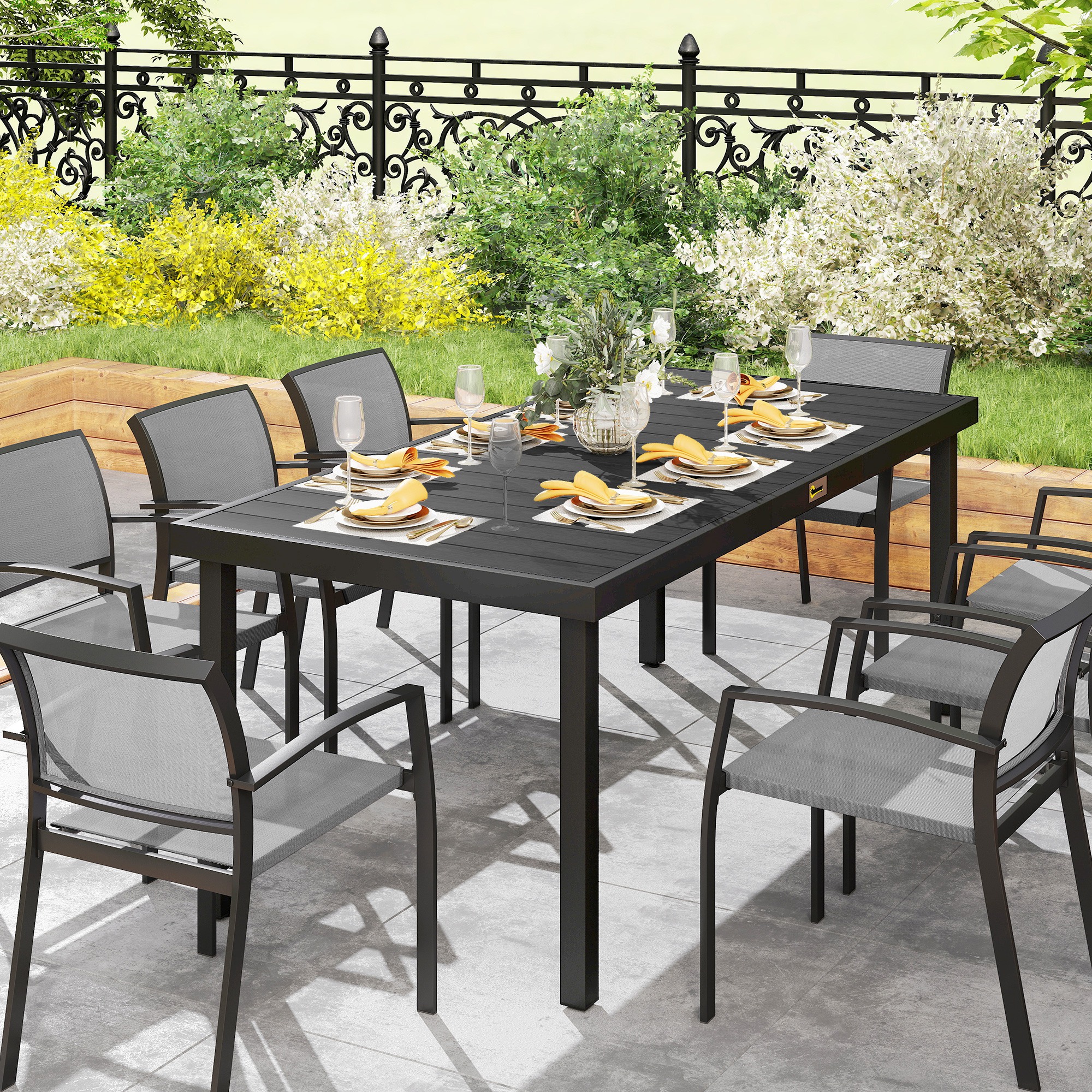  Masa de Gradina cu Blat cu Aspect de Lemn 190x90 cm pentru 8 Persoane, Masa de Luat Masa de Exterior Dreptunghiulara din Aluminiu si Plastic, pentru Terasa, Balcon, Negru [8]