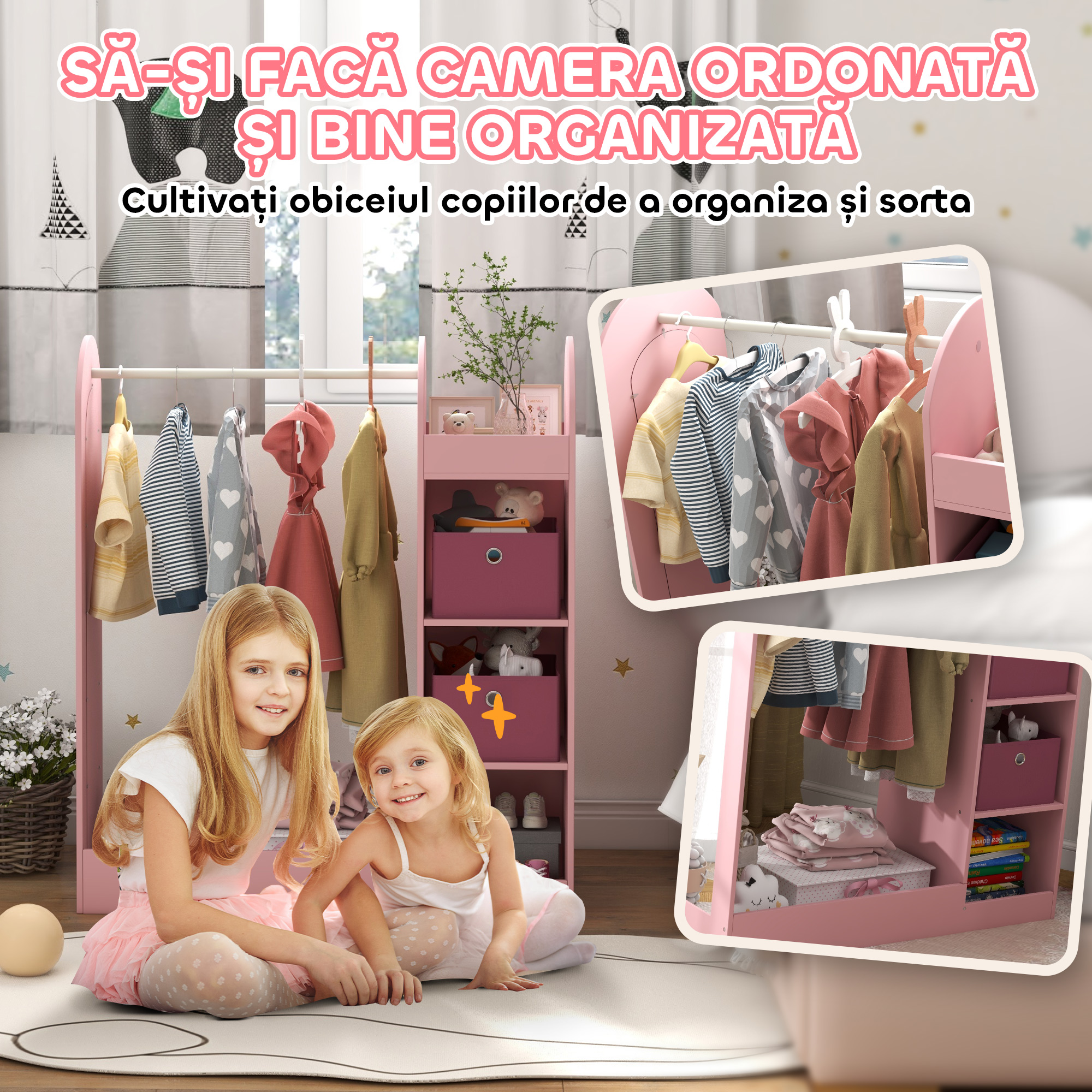  Cuier Copii - Cu Rafturi, Cuti & Oglinda, 92×36×106 cm Roz [4]