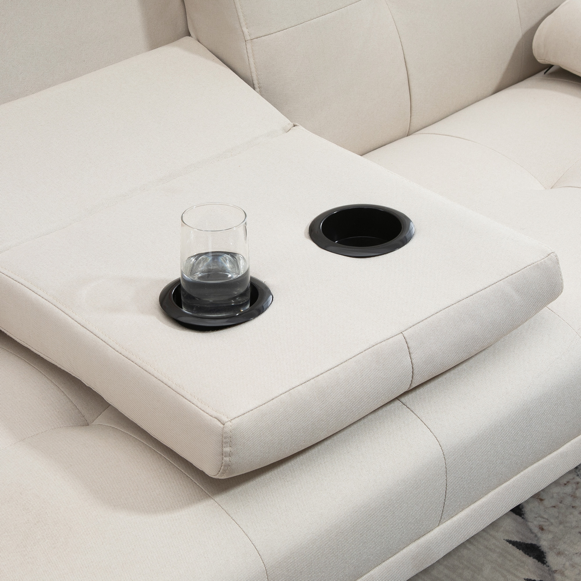  Canapea extensibila 3 locuri, rabatabila, cu tapiterie cu efect de in si masuta pliabila, bej [7]