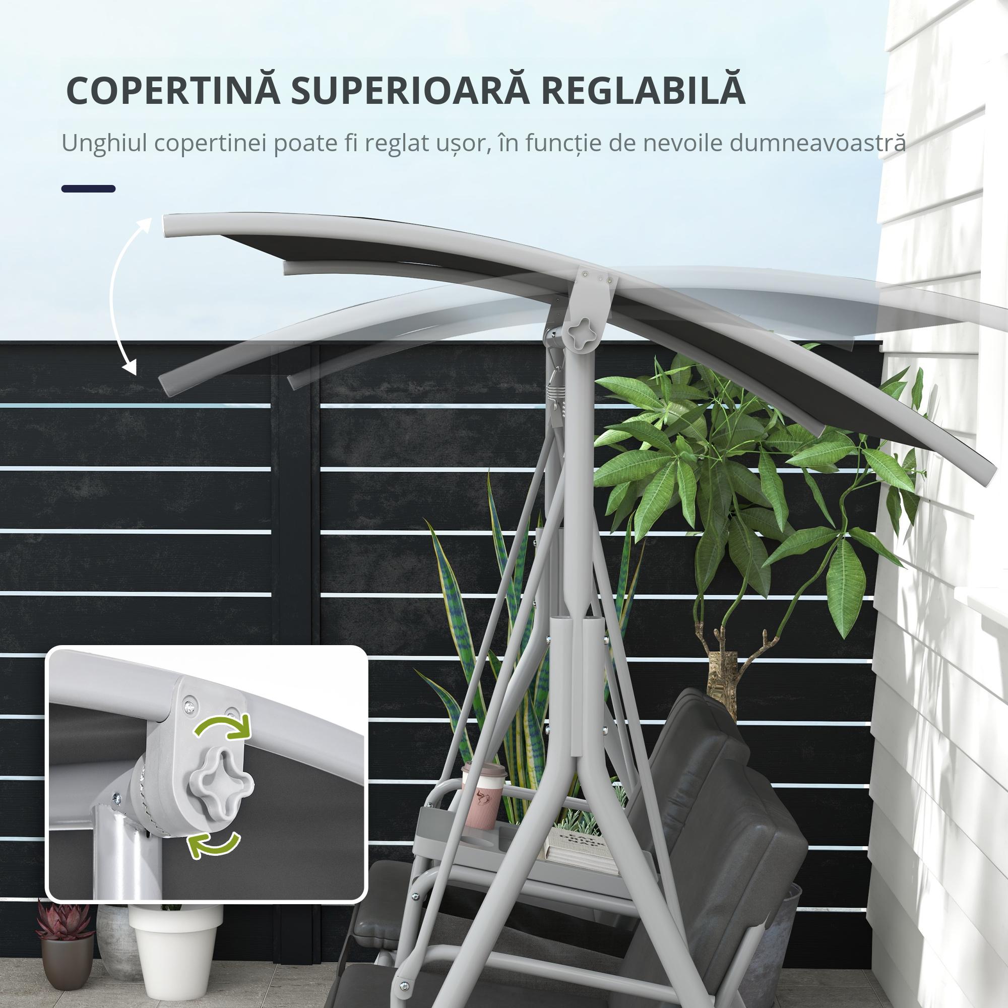  Balansoar Exterior cu Masuta de Cafea si Suport Central pentru Pahare, Leagan cu 2 Locuri si Acoperis, 175x112x158 cm, Gri [6]