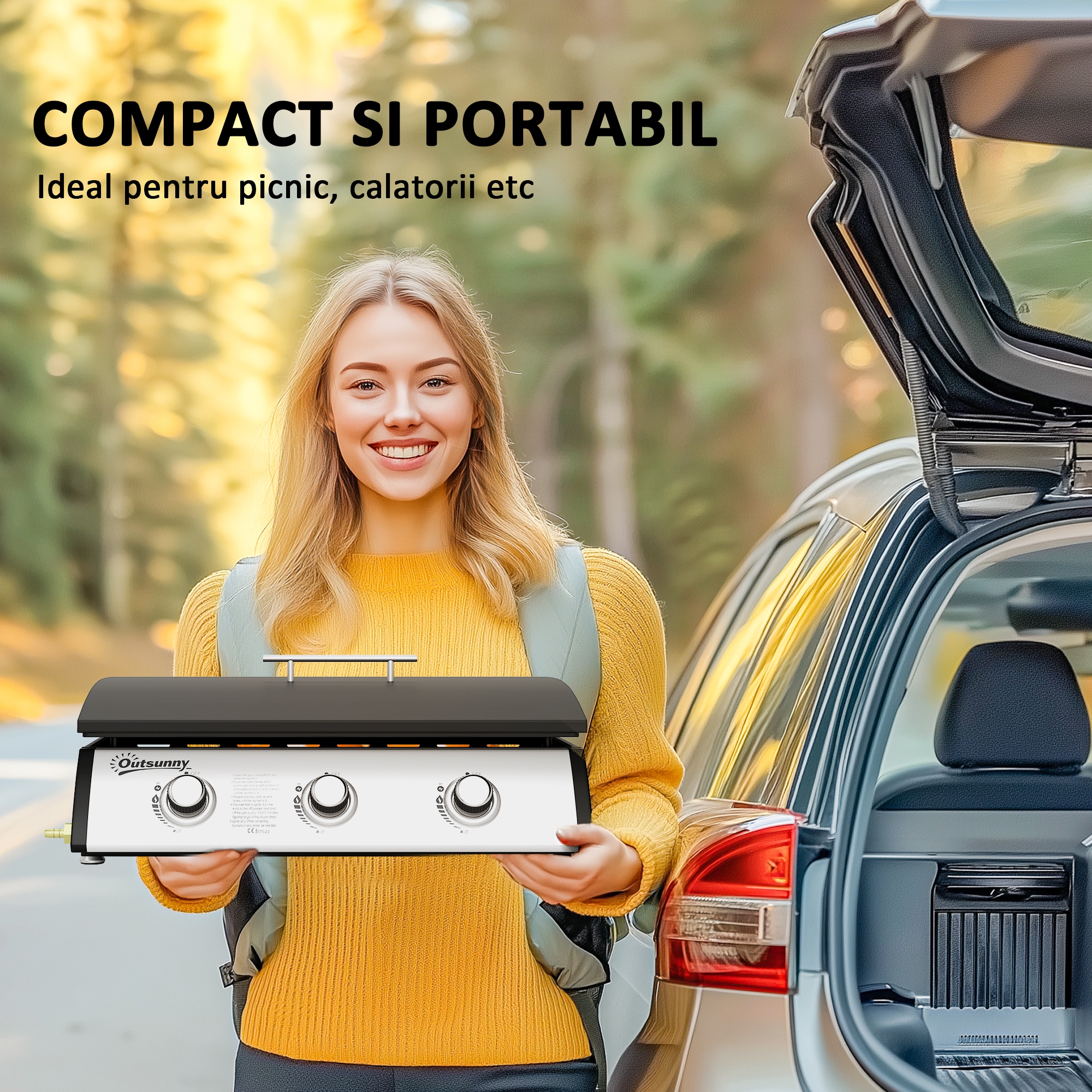  Plita pe Gaz din Otel Emailat cu 3 Arzatoare, Putere 7.5kW, 3 Zone de Gatit si Capac, Negru [6]