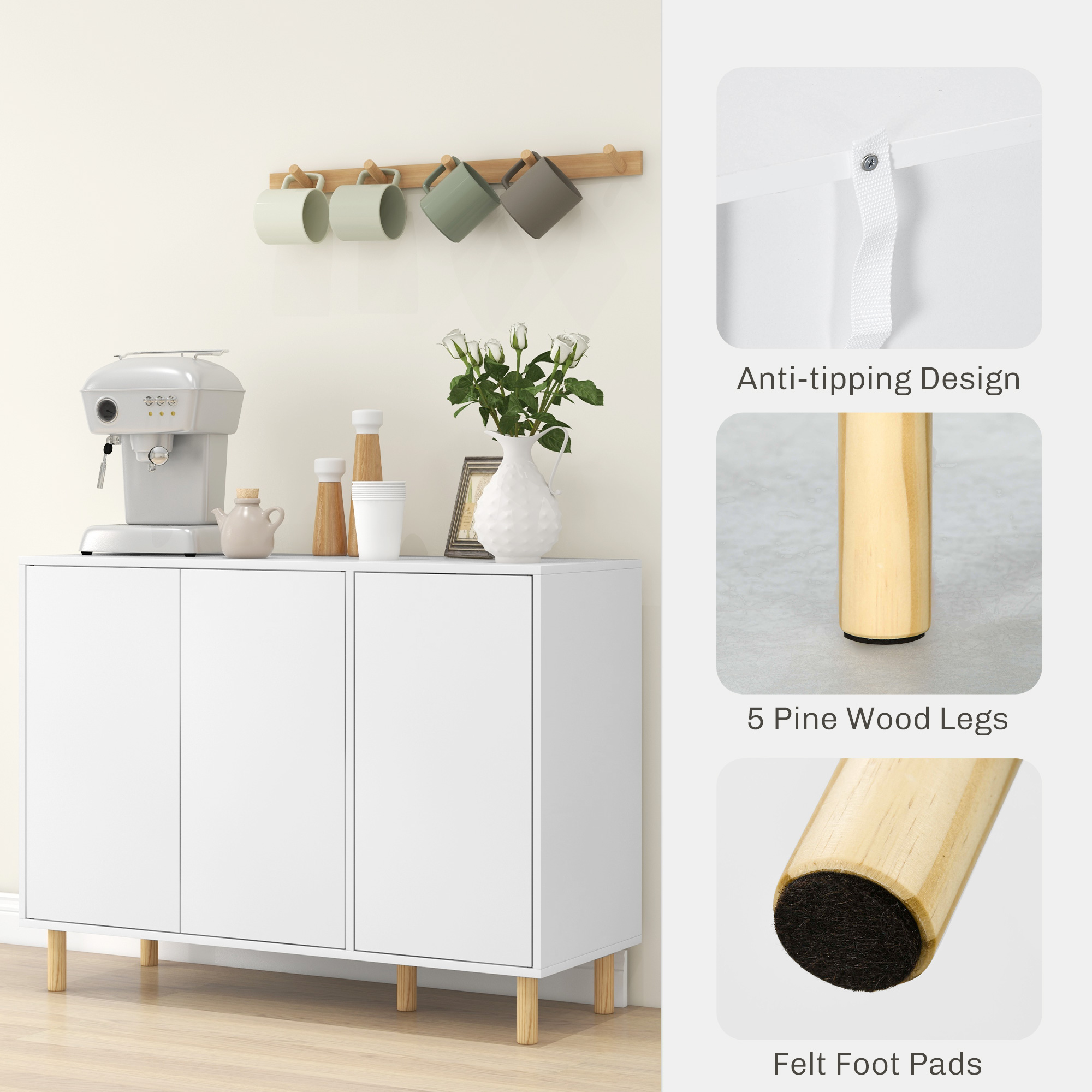  Bufet Modern cu 2 Dulapuri si 3 Rafturi, Mobilier Multifunctional din Lemn, 107x40x80 cm, Alb [5]