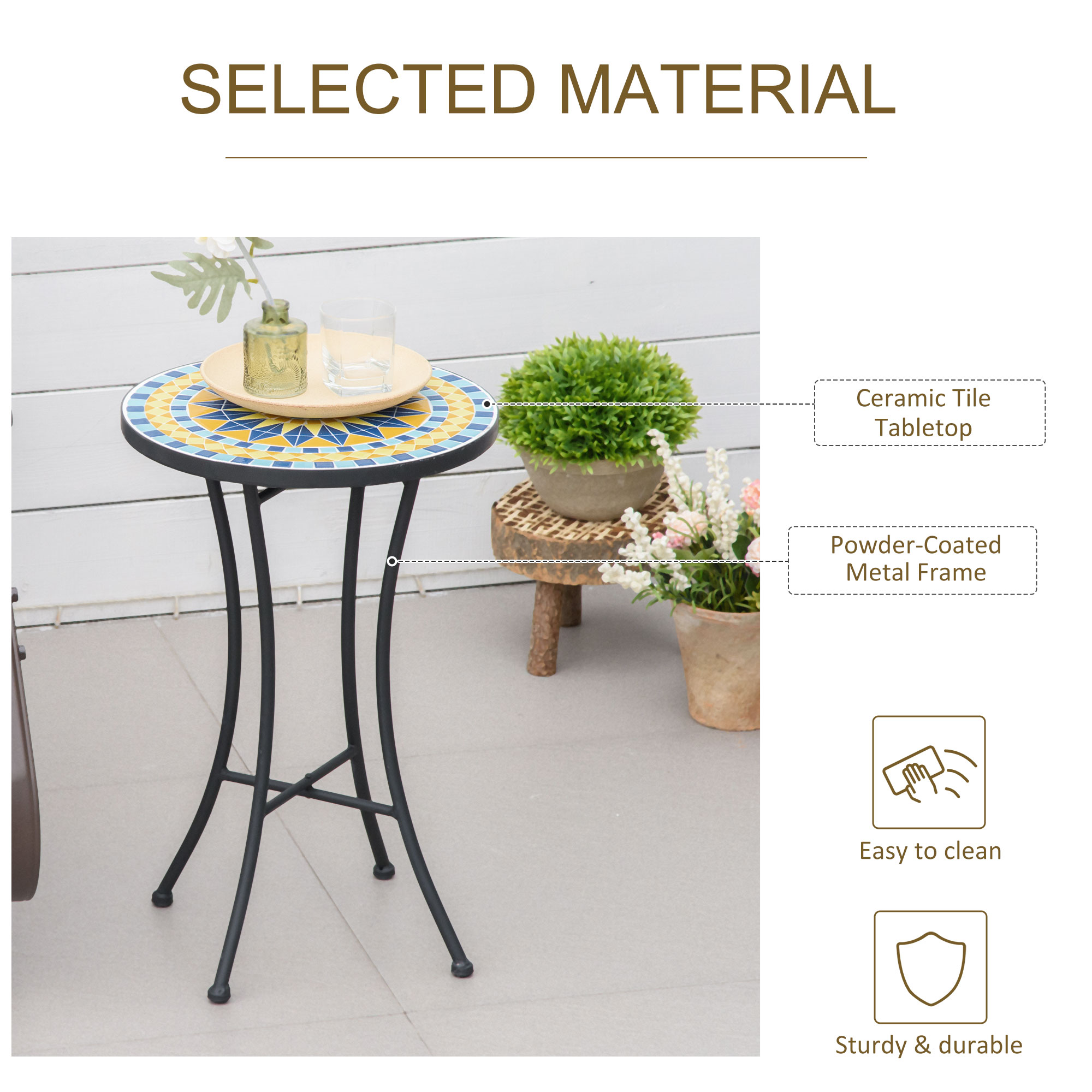  Masuta de Gradina din Metal cu Blat din Mozaic Ceramic, Ф35.5x53.5cm, Multicolor [4]