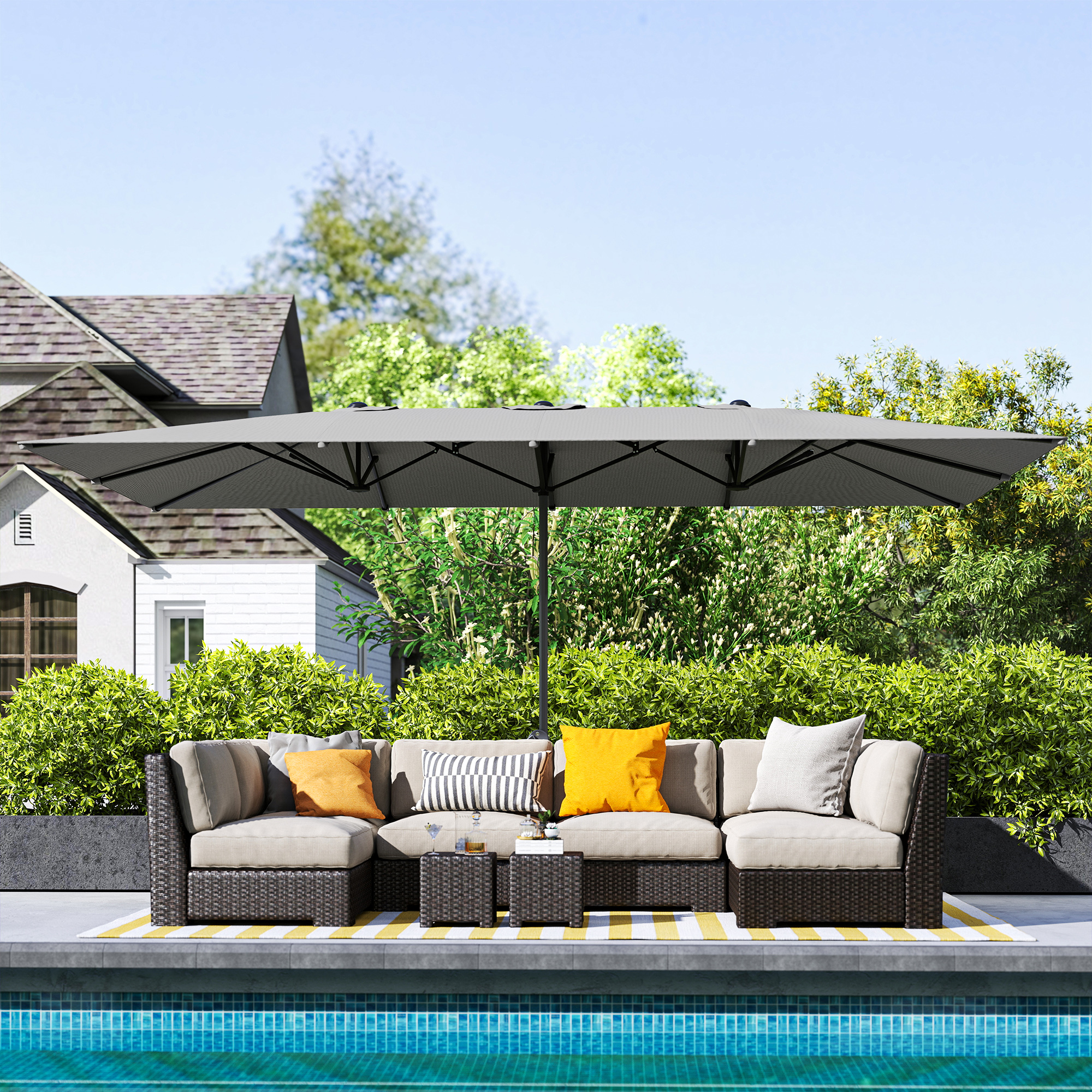  Umbrela Dubla de Gradina 4.5x2.6 m, Deschidere cu Manivela si 12 Spite, Gri [7]