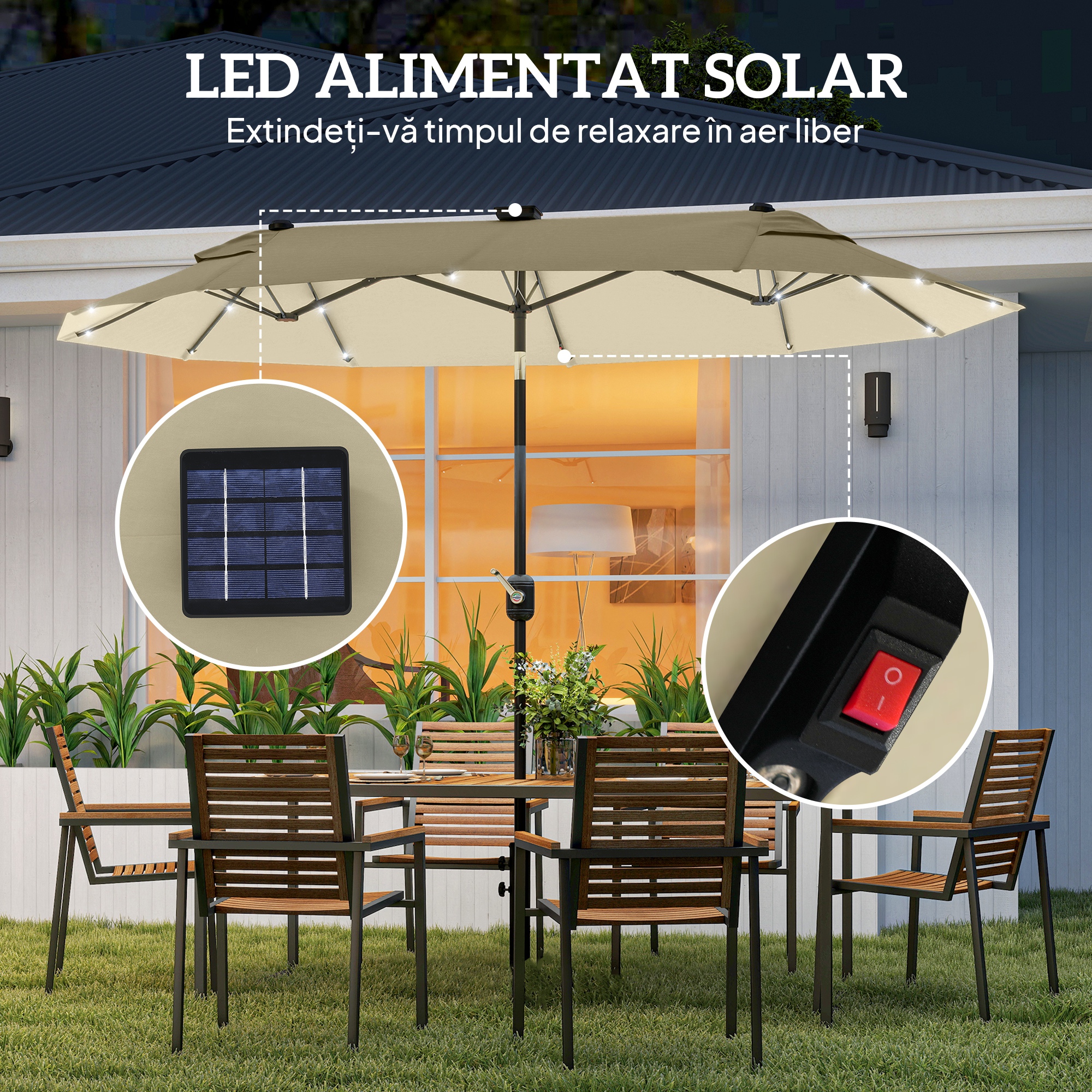  Umbrela Dubla cu Lumini LED si Baza in Forma de Cruce, din Poliester si Otel, 295x150x219 cm, Alb Crem [3]