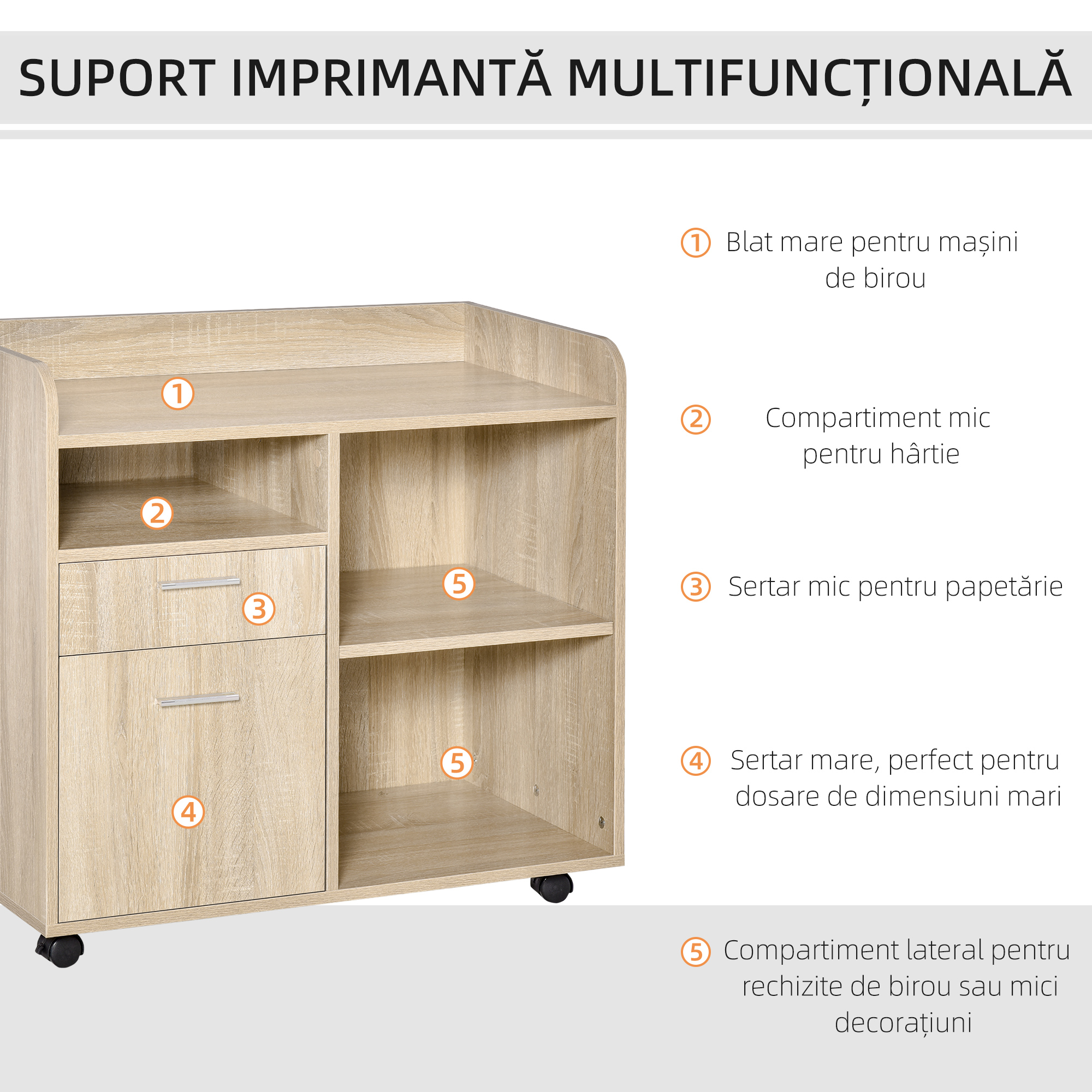  Dulap Imprimanta Birou Multifunctional 80x40x72 cm, Dulap Joasa cu Sertare, Rafturi, 4 Roti, Culoare Stejar [4]