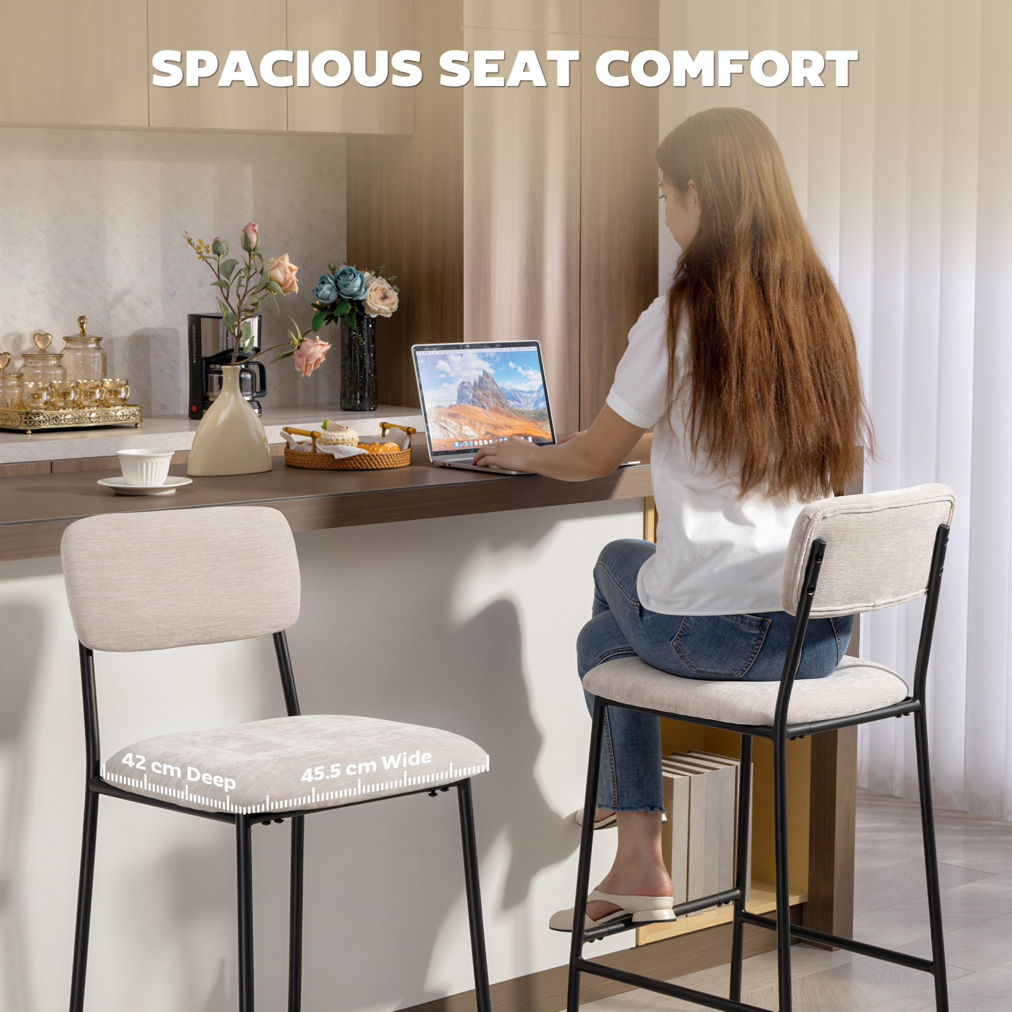  Set 2 Scaune de Bar cu Spatar inalt, Suport pentru Picioare si Tapiterie din Chenille, Crem [4]