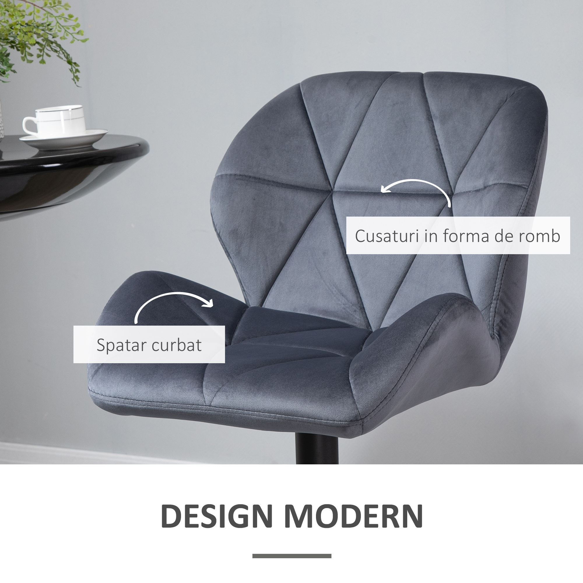  Set de 2 Scaune de Bar cu inaltime Reglabila, Baza Metalica si sezut din Catifea, 51.5x57.5x93-114.5 cm, Gri [4]