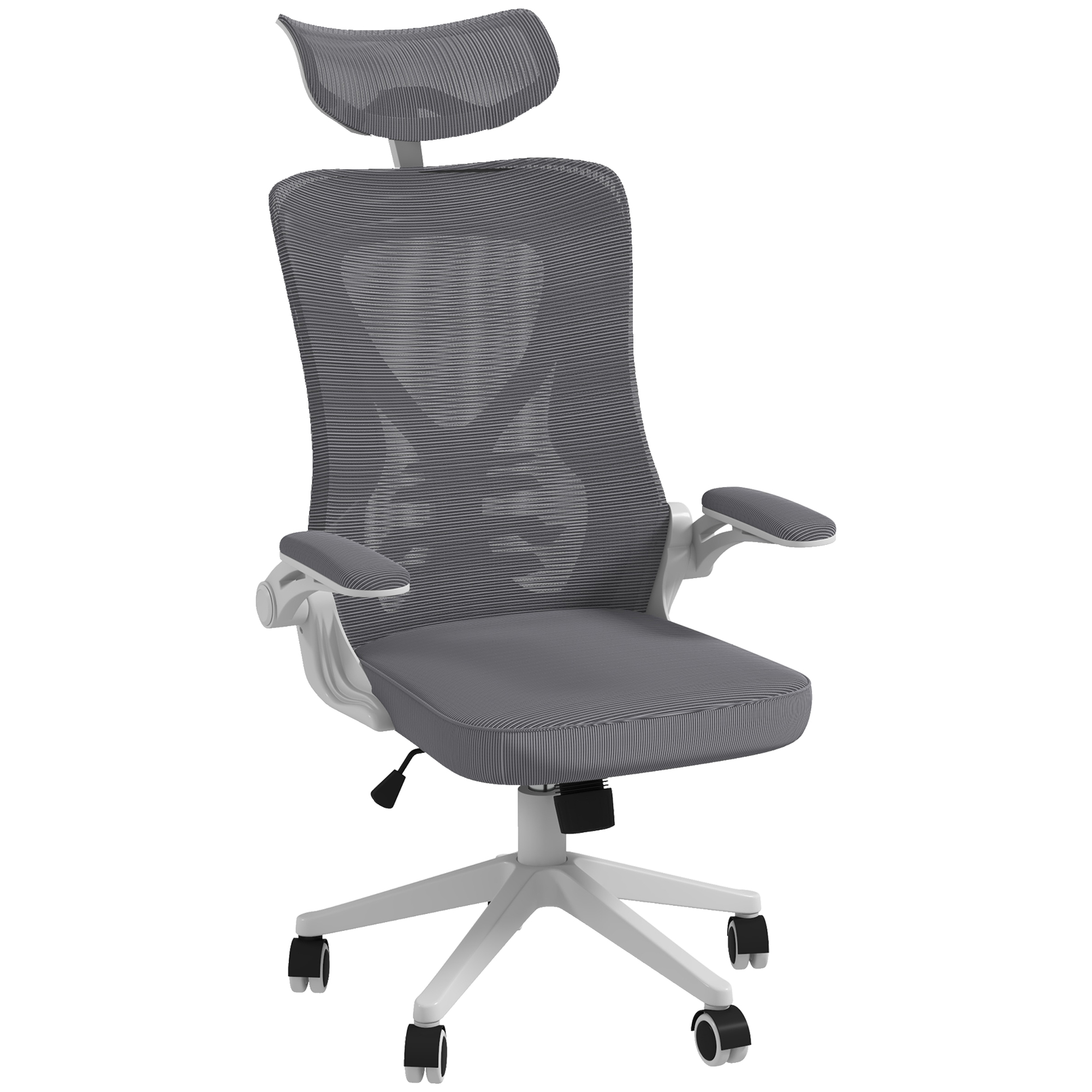 Dormitor & birou -  Scaun de Birou cu Inaltime Reglabila cu Tetiera, Suport Lombar si Cotiere Rabatabile, 65x64x120-130 cm, Gri si Negru