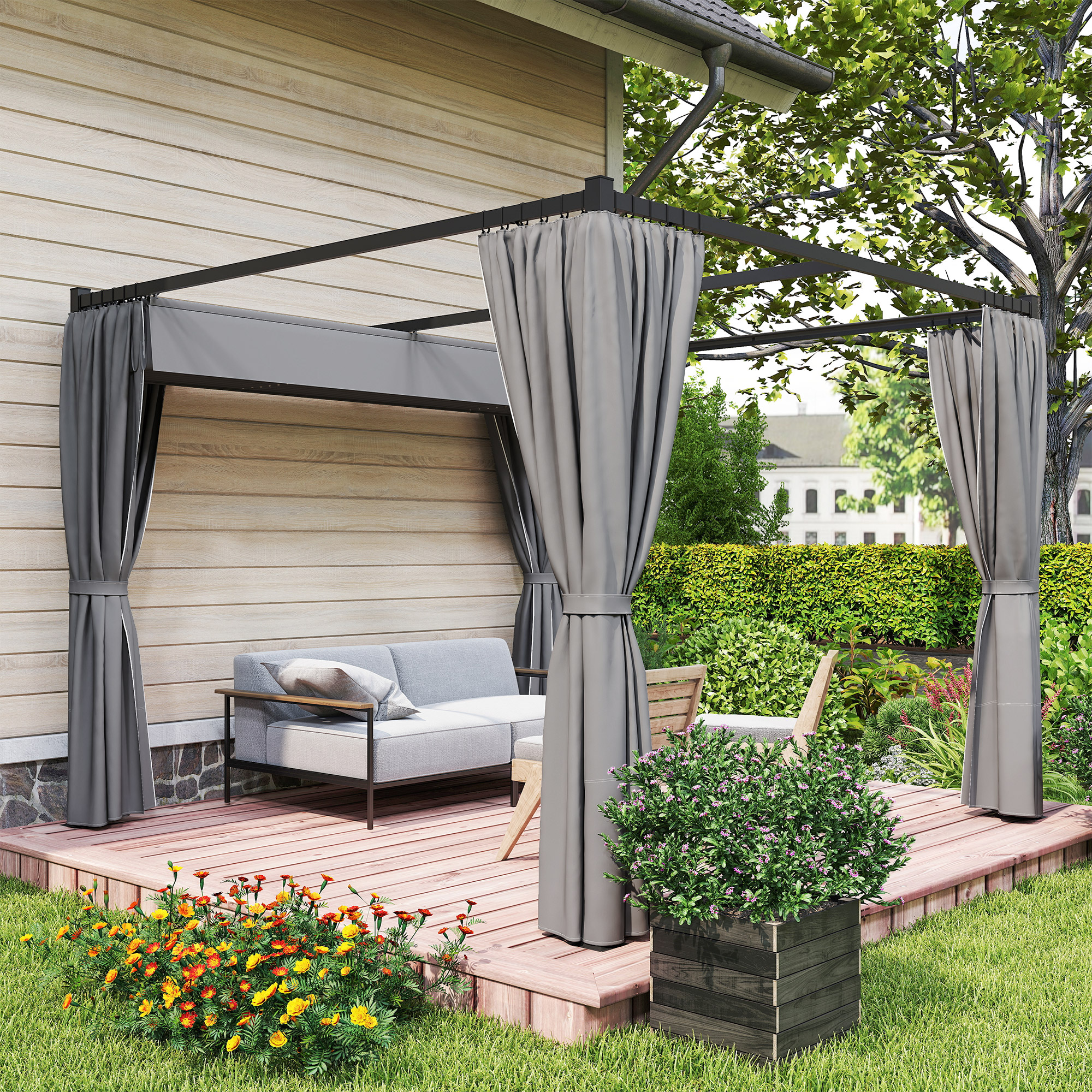  Pergola de Gradina cu Acoperis Retractabil si Draperii, din Metal si Poliester, 300x300x227 cm, Gri Deschis [6]