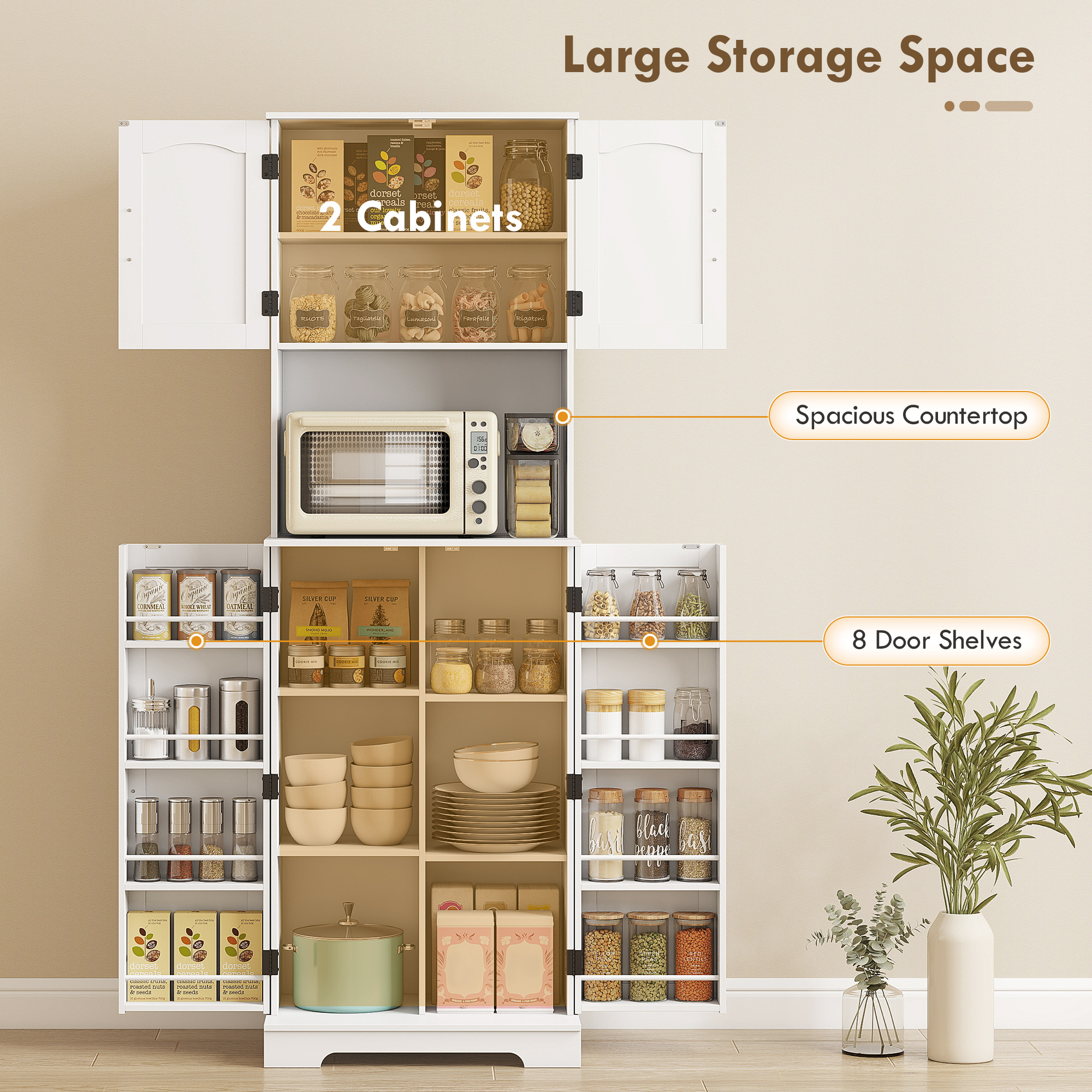  Dulap de bucatarie inalt, stil country, cu 2 dulapuri si 8 suporturi pentru condimente, 60x40x181.5 cm, alb [3]