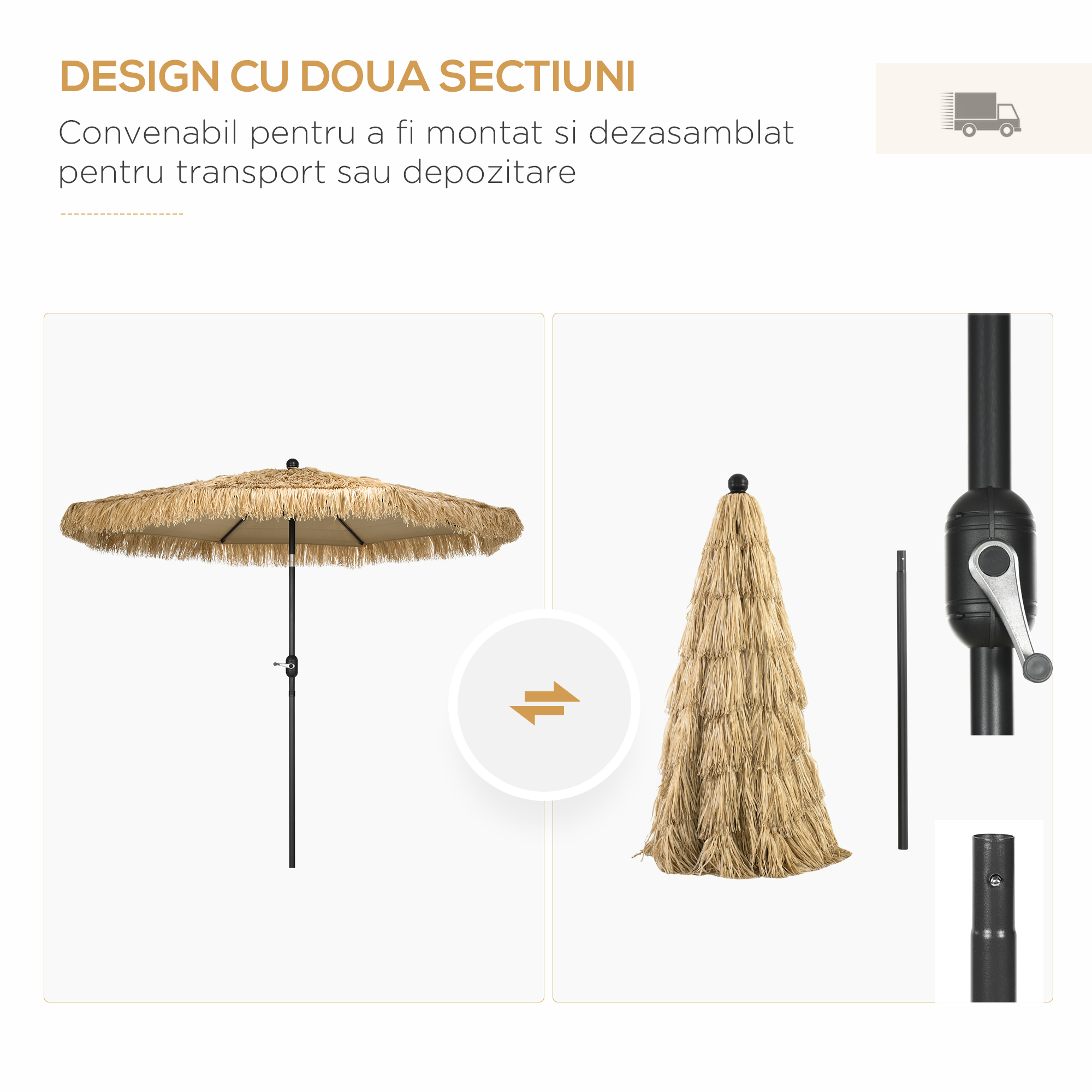  Umbrela pentru gradina cu paie, umbrela rotunda stil Hawai cu manivela, Ø265x250cm, kaki [5]