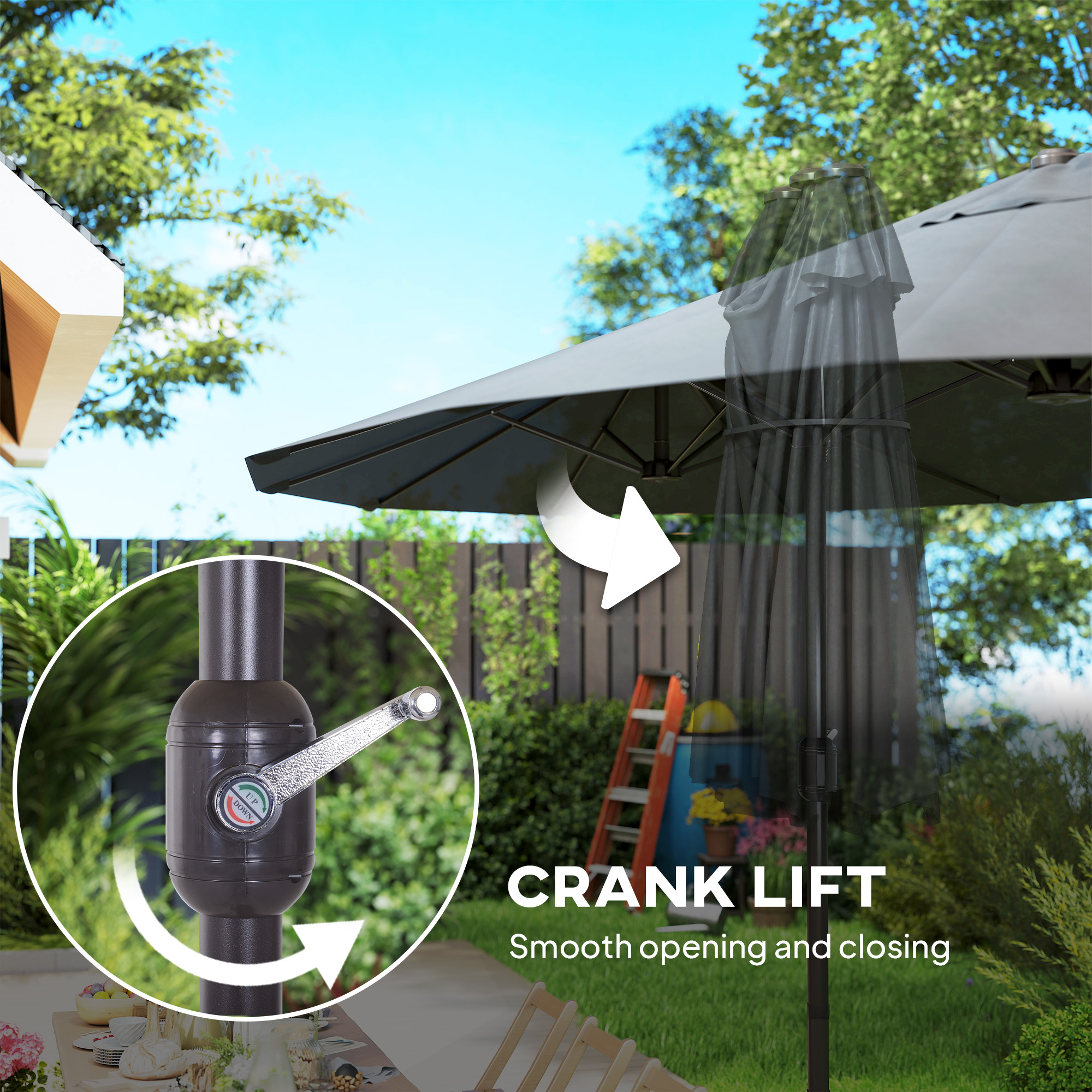  Umbrela Dubla cu 12 Spite, Baza in Cruce si Manivela, din Otel si Poliester, 455x265x238 cm, Gri [7]