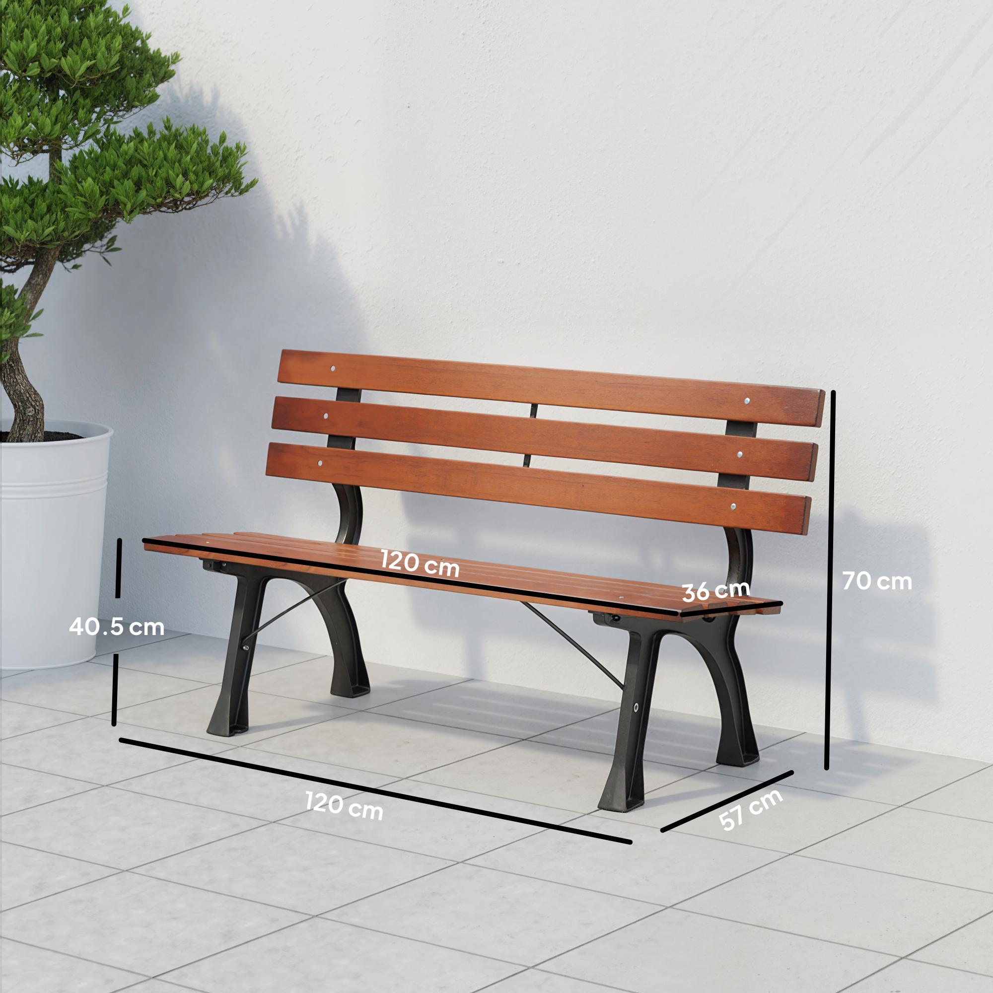  Banca cu 2 locuri, pentru gradina si terasa, fonta de aluminiu + lemn natural, 120 x 57 x 70 cm, Maro [2]