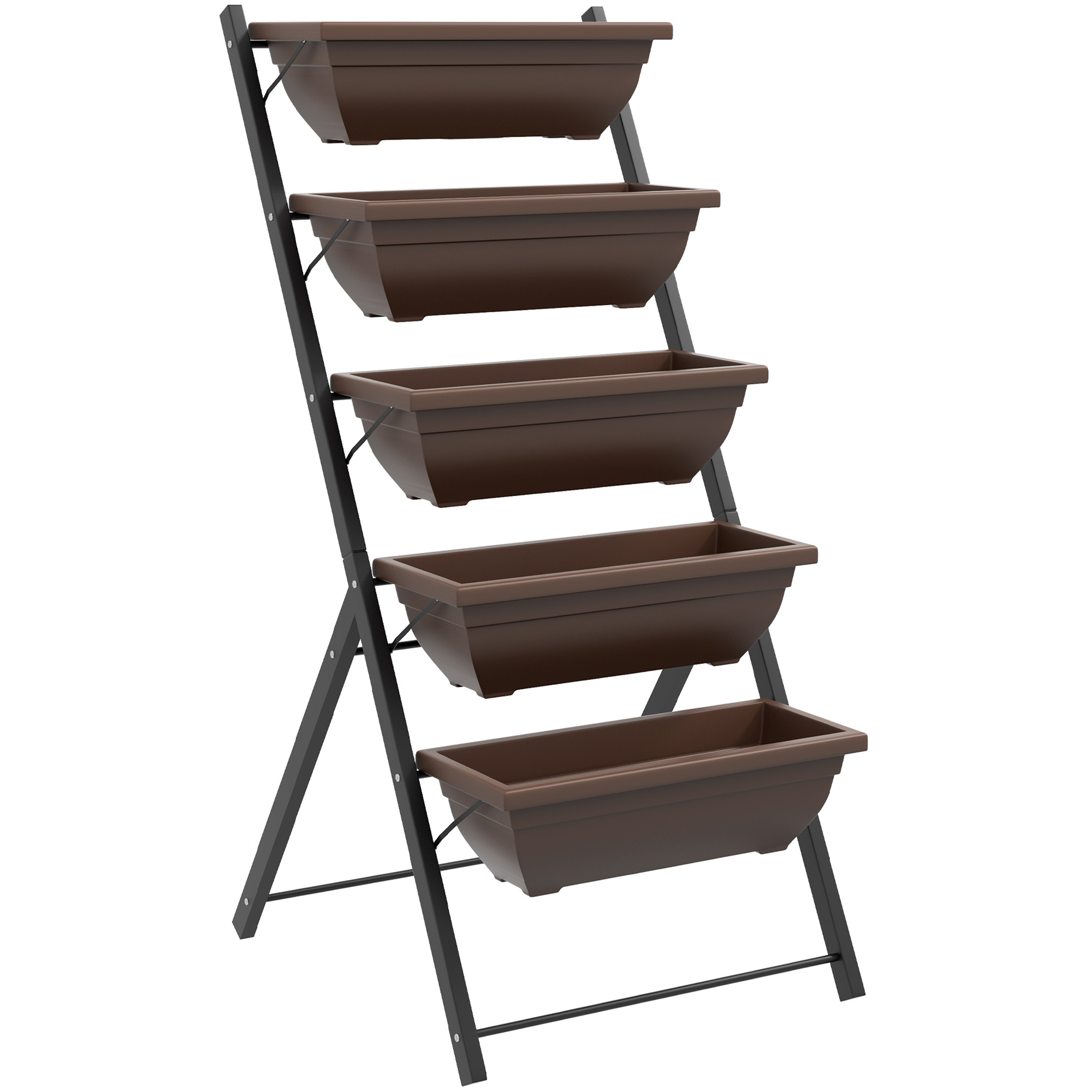 Living & hol -  Suport pentru plante vertical pe 5 niveluri cu 5 ghivece cu orificii pentru drenaj, din otel si PE, 55x63x120 cm, maro