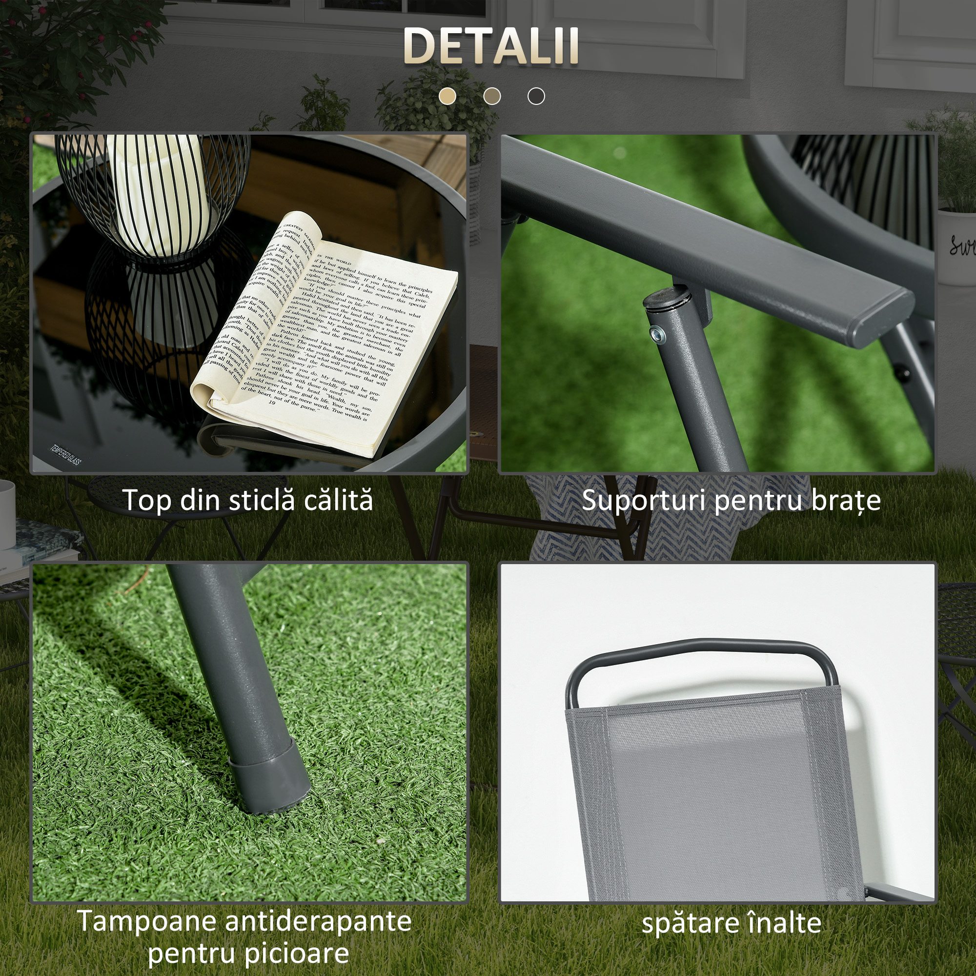  Set de Exterior din 3 Piese cu Masa cu Blat din Sticla si 2 Scaune Pliabile din Plasa, Ф45x50 cm, Gri Deschis [6]