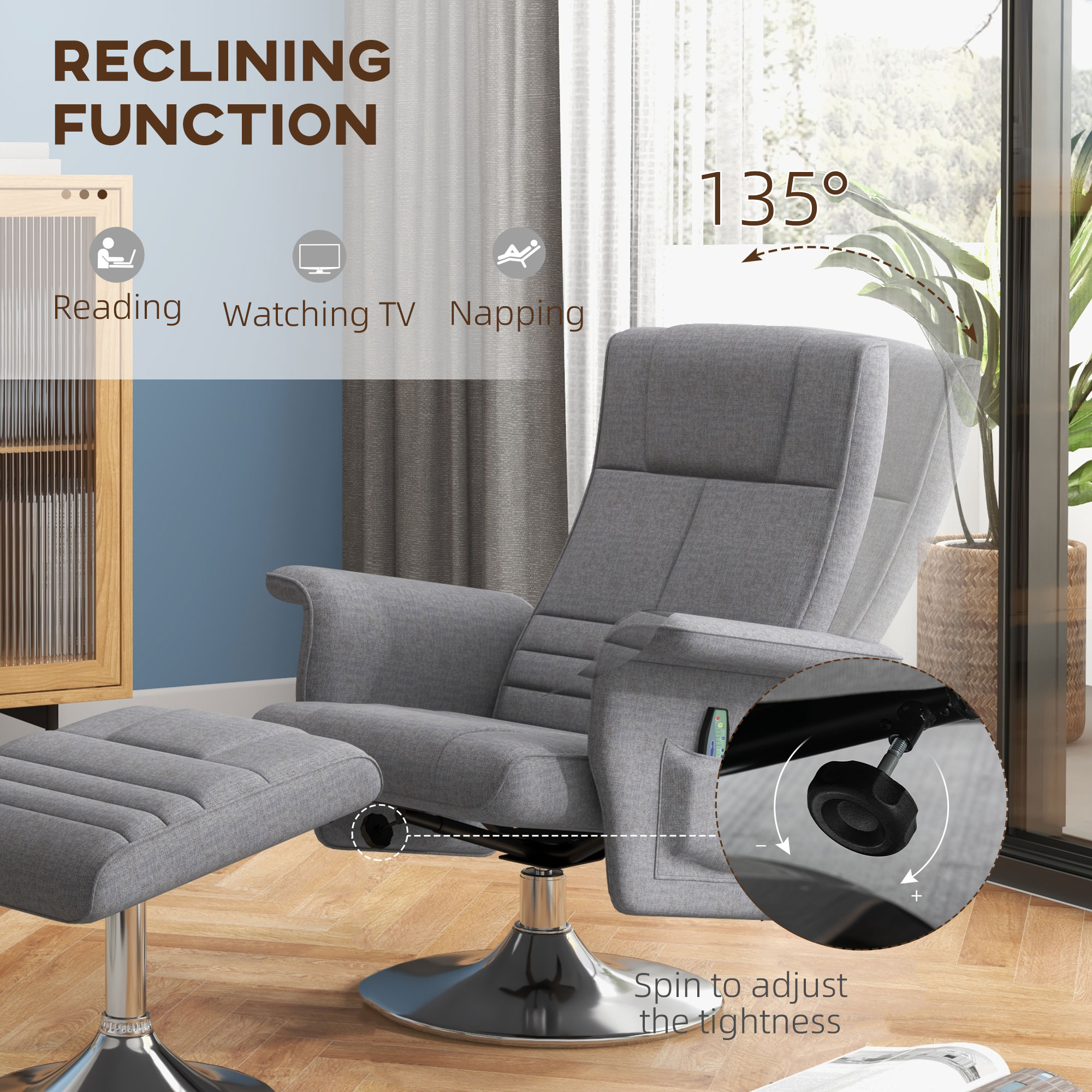  Fotoliu de masaj si reclinabil cu suport pentru picioare, din material textil cu efect de in, 78x90x93 cm, Gri inchis [4]