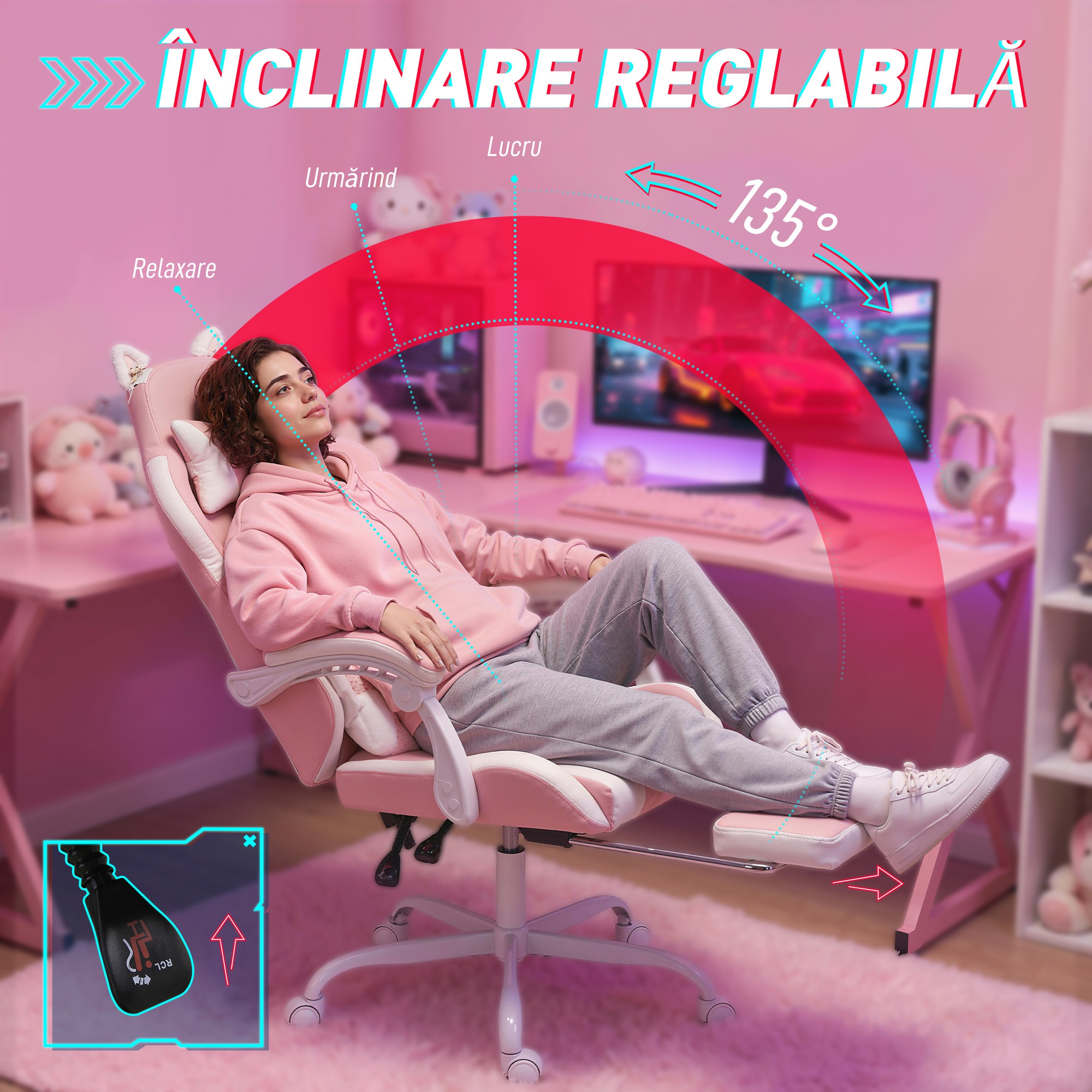  Scaun Gaming Ergonomic cu Urechi de Pisica, Fotoliu Gaming Birou Reclinabil din Piele Eco cu Suport pentru Picioare, Tetiera si inaltime Reglabila, Suport Lombar si Cervical, Roz [5]