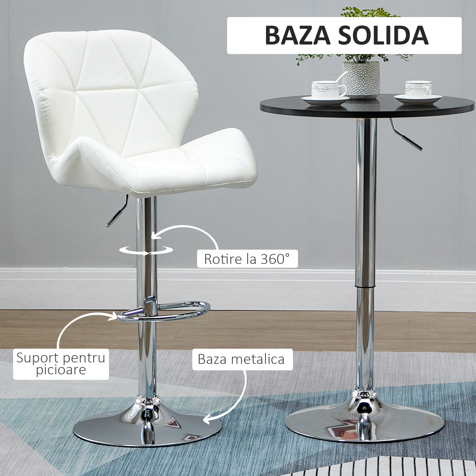  Set 2 Scaune Bar Reglabile, pentru bar si bucatarie, din Piele PU,51,5 x 57,5 x 93-114,5 cm, Alba [4]