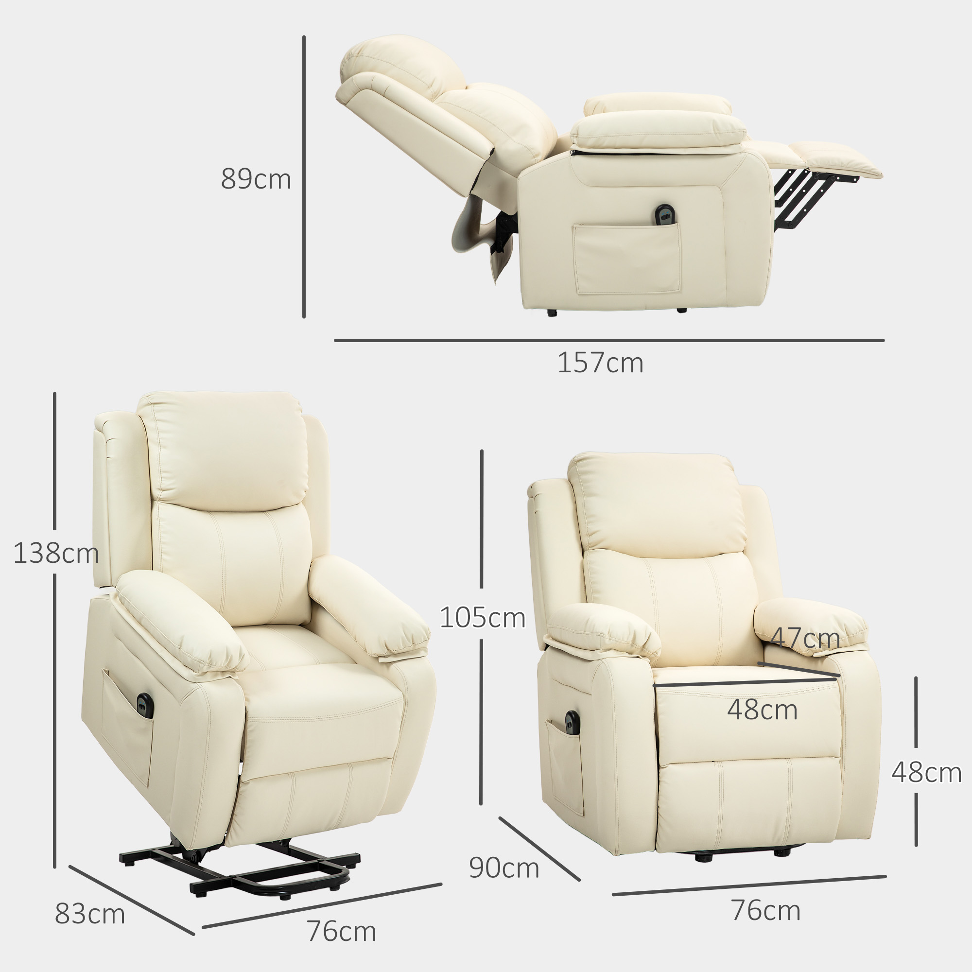  Fotoliu cu Functie de Ridicare Reclinabil la 160° cu Suport pentru Picioare si Telecomanda, din Piele PU si Otel, 76x90x105 cm, Crem [2]