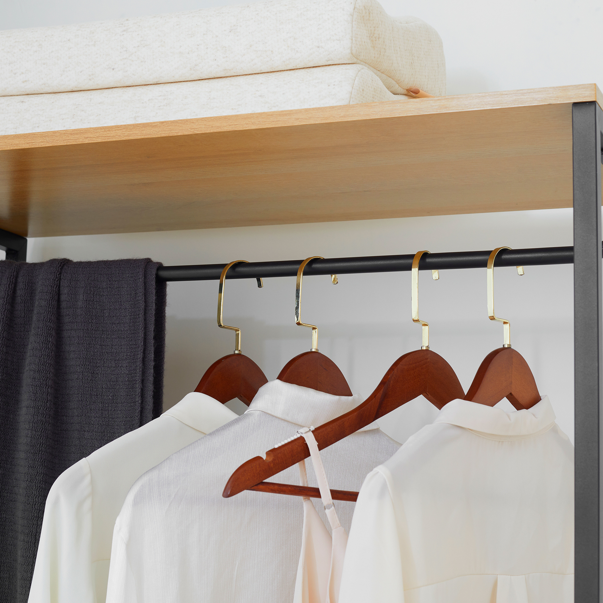  Cuier industrial , suport pentru haine, suport pentru haine cu tija de agatat, rafturi deschise si dulap inchis pentru dormitor si intrare, Natural [7]