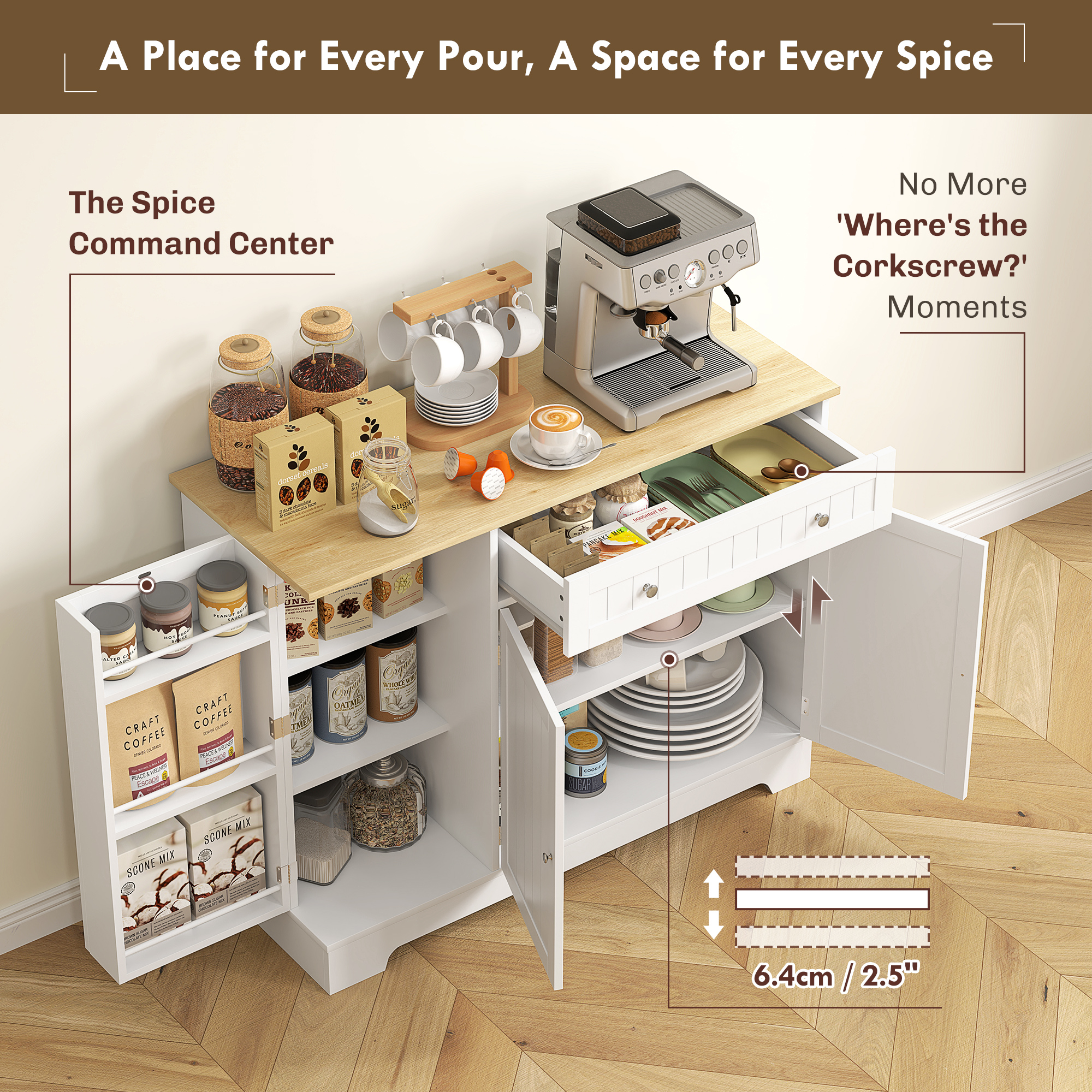  Bufet Modern cu spatiu de depozitare, dulap cu sertar, rafturi reglabile, mic dulap de bucatarie cu rafturi, alb [3]