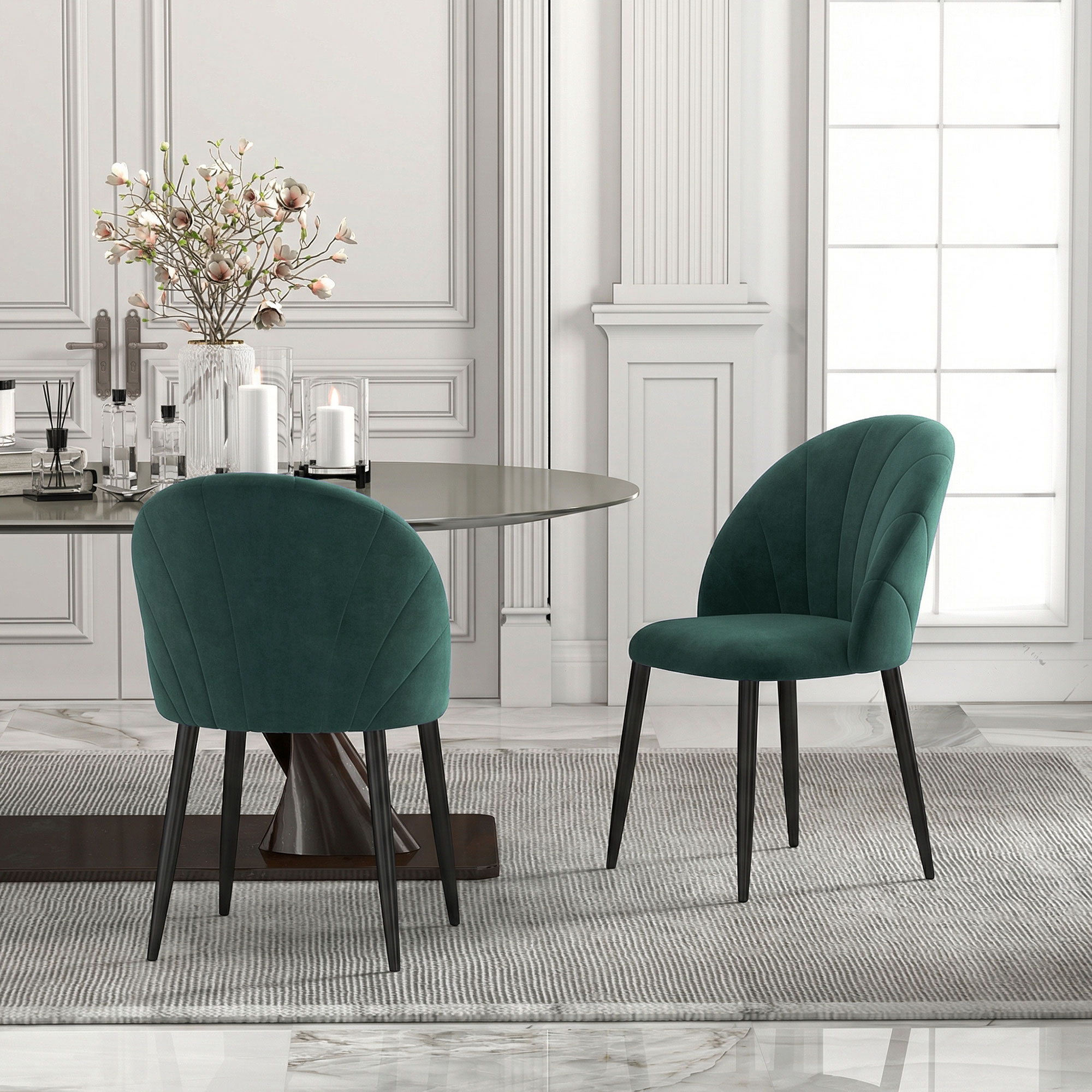  Set de 2 Scaune de Dining din Catifea, Scaune de Bucatarie cu Spatar Curbat in Forma de Scoica, Picioare din Otel, Stil Nordic, Scaun Tapitat pentru Bucatarie, Dormitor, Sufragerie, Verde inchis [8]