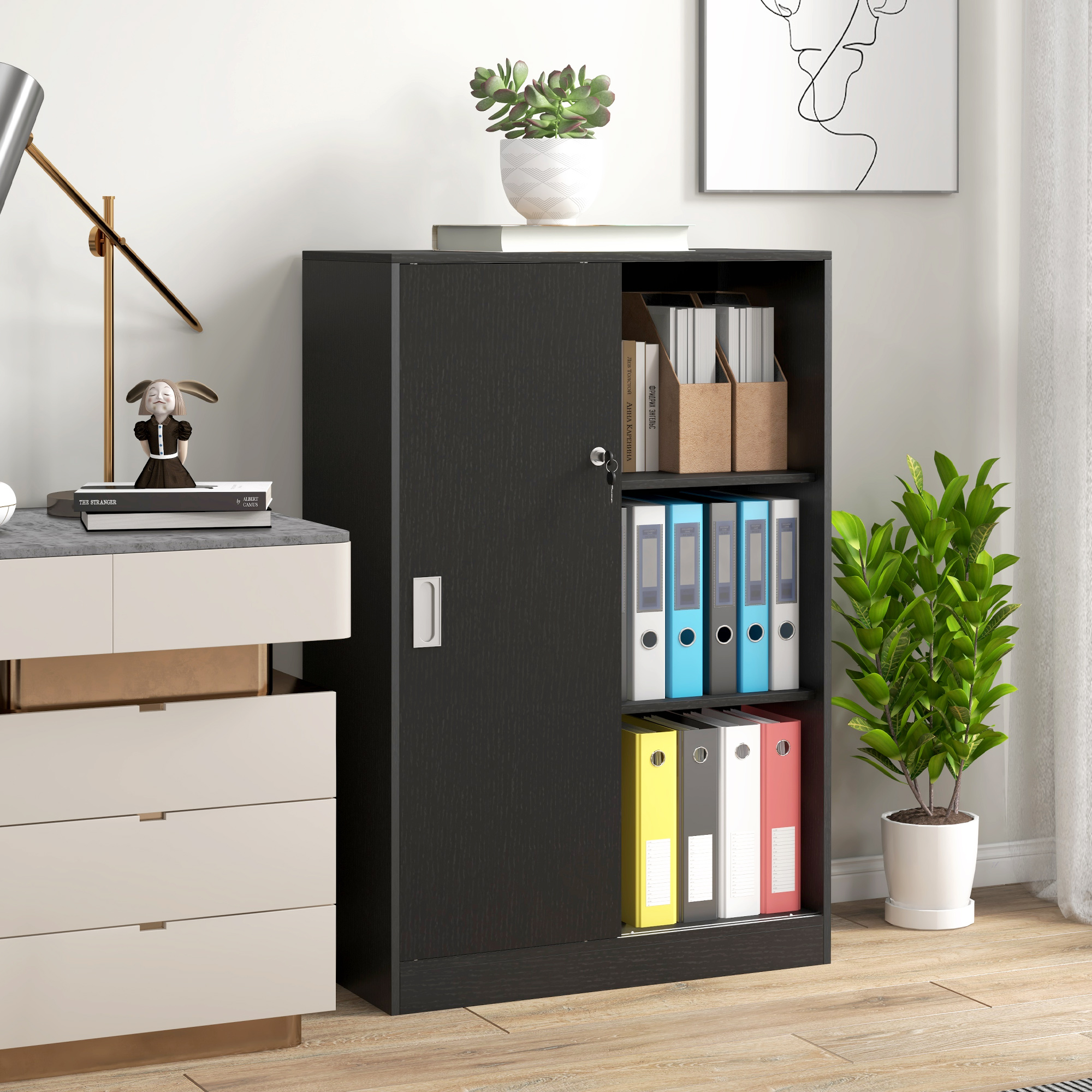  Dulap Birou 80x40x120 cu 3 Rafturi si Usa Dubla cu incuietoare pentru Birou sau Salita, Negru [1]